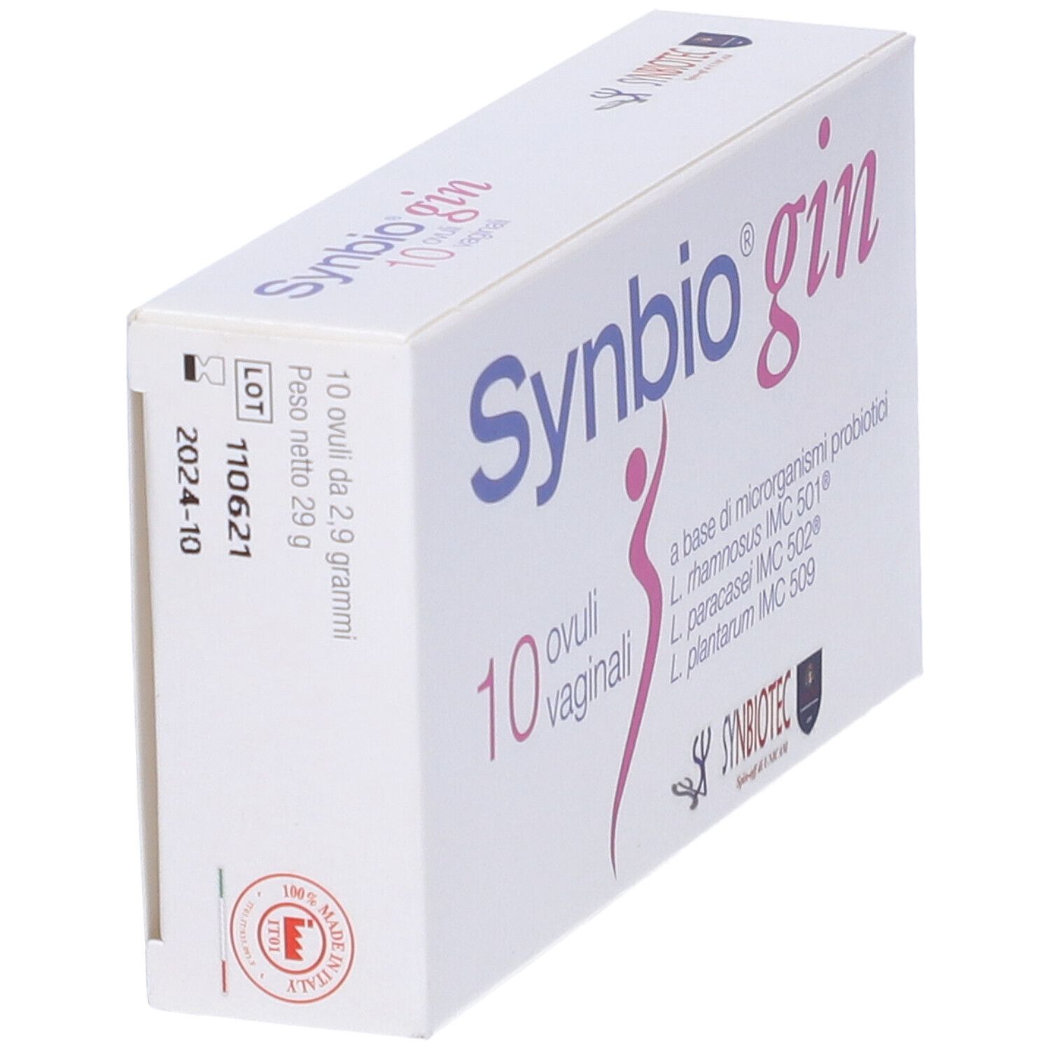 Scatola bianca con nome del prodotto e 10 ovuli vaginali. Scritta: 'a base di microrganismi probiotici'.