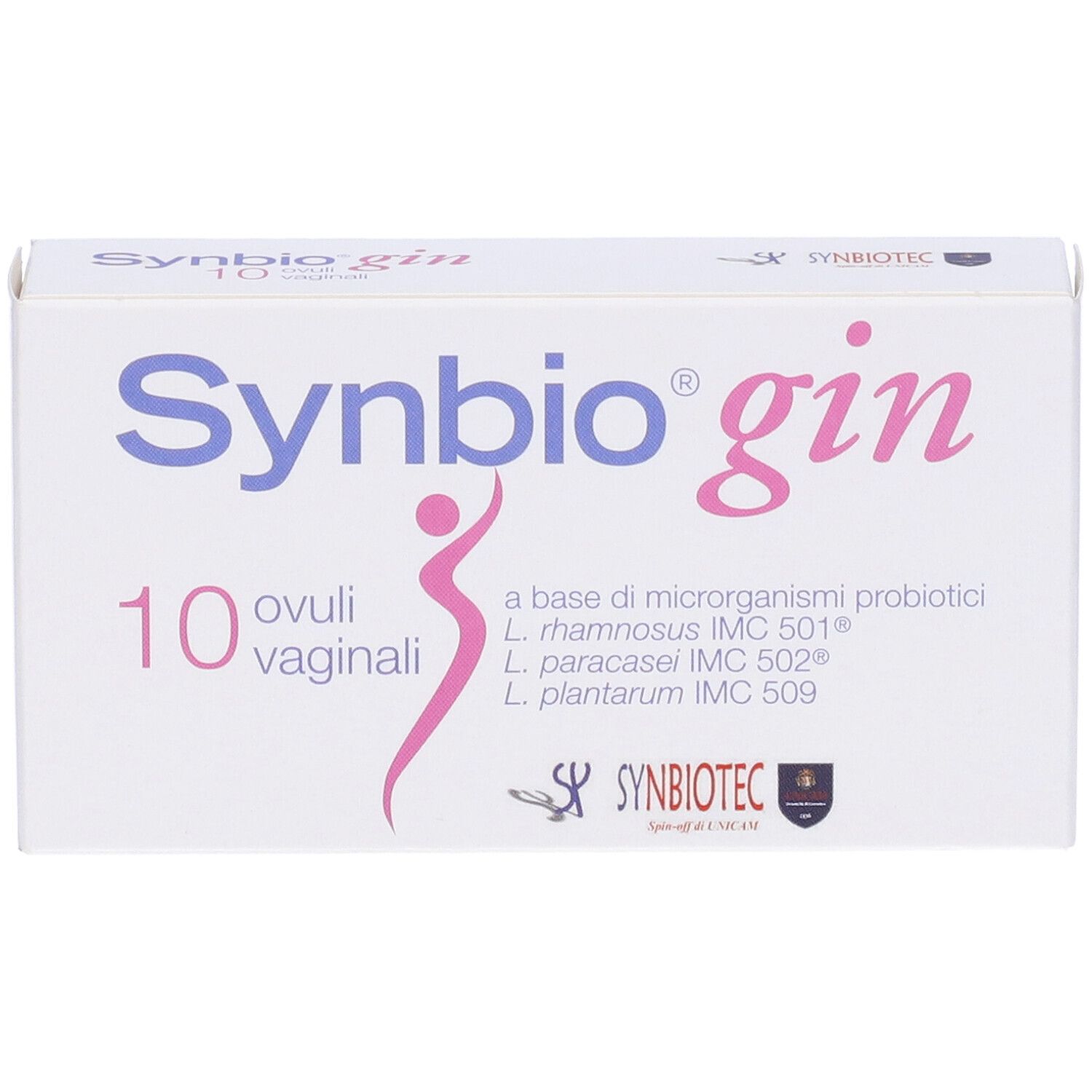Scatola bianca con nome del prodotto e 10 ovuli vaginali. Scritta: 'a base di microrganismi probiotici'.