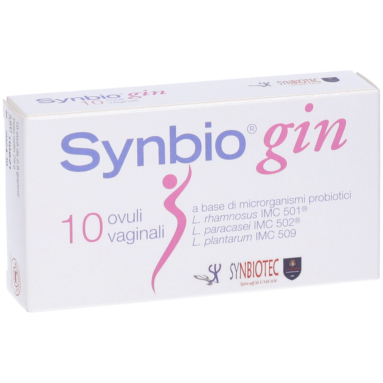 Scatola bianca con nome del prodotto e 10 ovuli vaginali. Scritta: 'a base di microrganismi probiotici'.