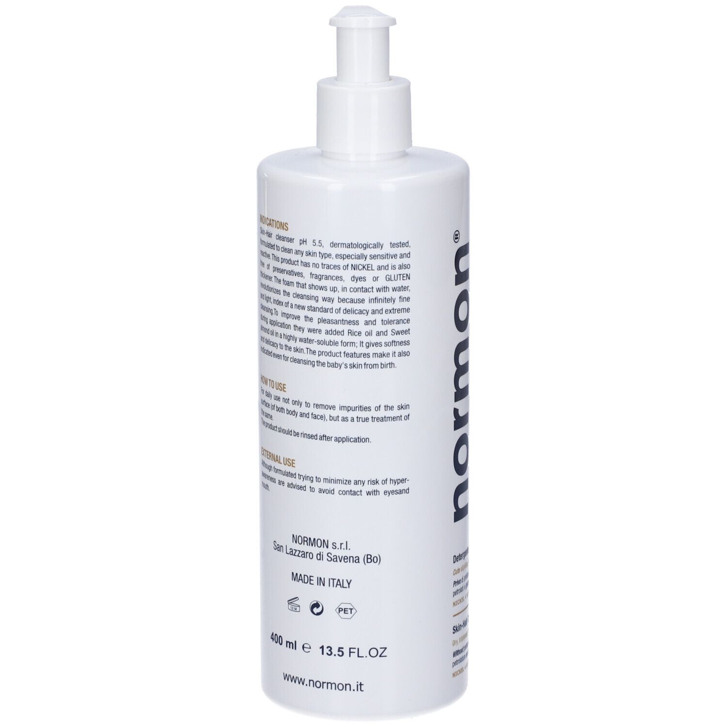 Flacone bianco con dosatore a pompa. Testo sul retro. Scritta: normon. Prodotto in Italia. Volume: 400 ml.