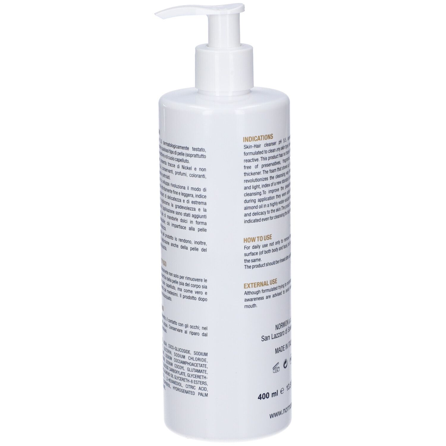 Flacone bianco con dosatore a pompa. Testo sul retro. Scritta: normon. Volume: 400 ml. Indirizzo sito web.