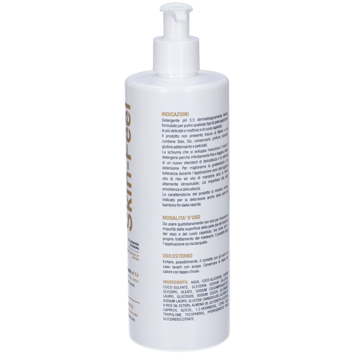 Flacone bianco con dosatore a pompa. Testo sul retro. Scritta: Skin-Feel. Ingredienti. Volume: 400 ml.