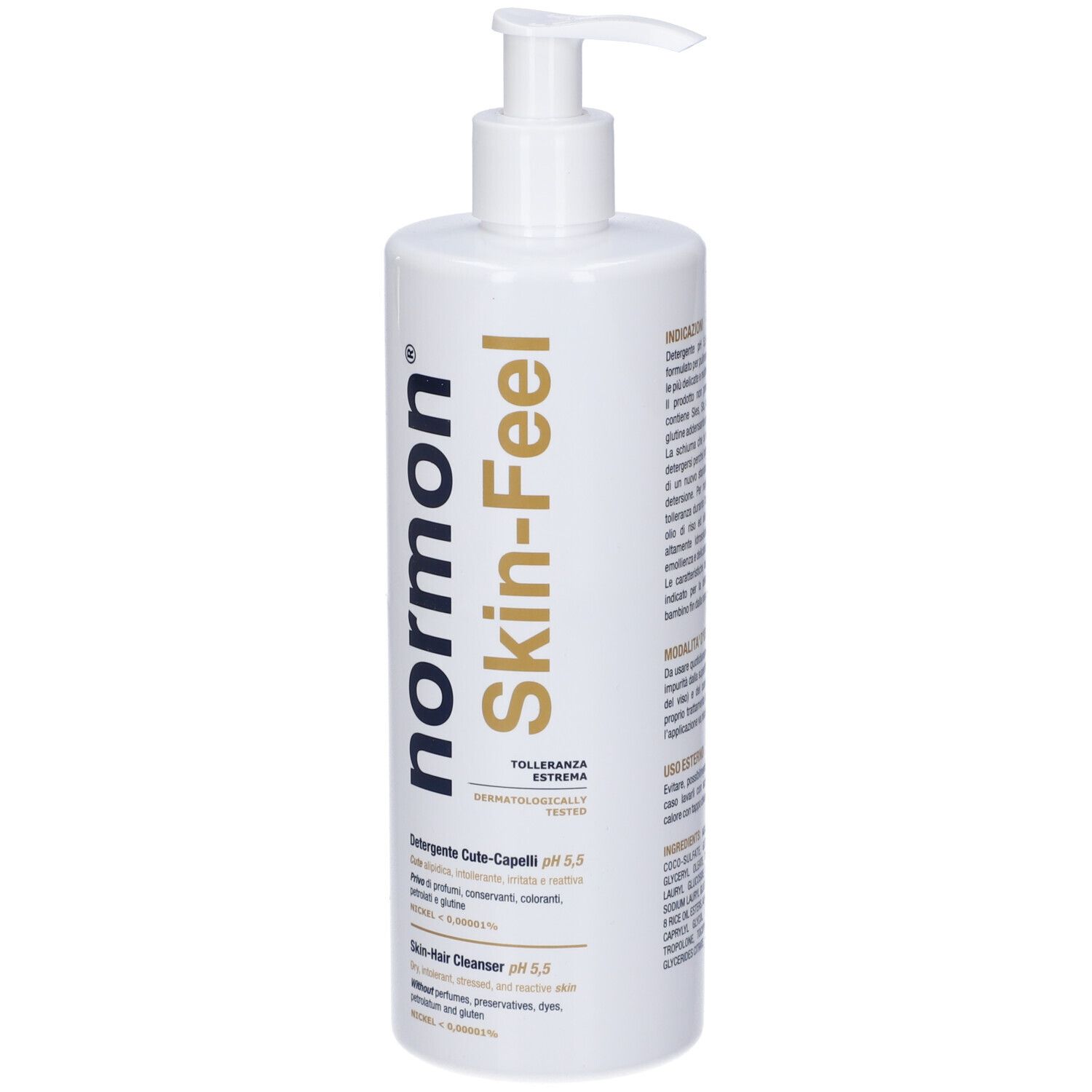 Flacone bianco con dosatore a pompa. Scritta: normon Skin-Feel. Testo: Detergente Cute-Capelli pH 5,5. Skin-Hair Cleanser pH 5,5.