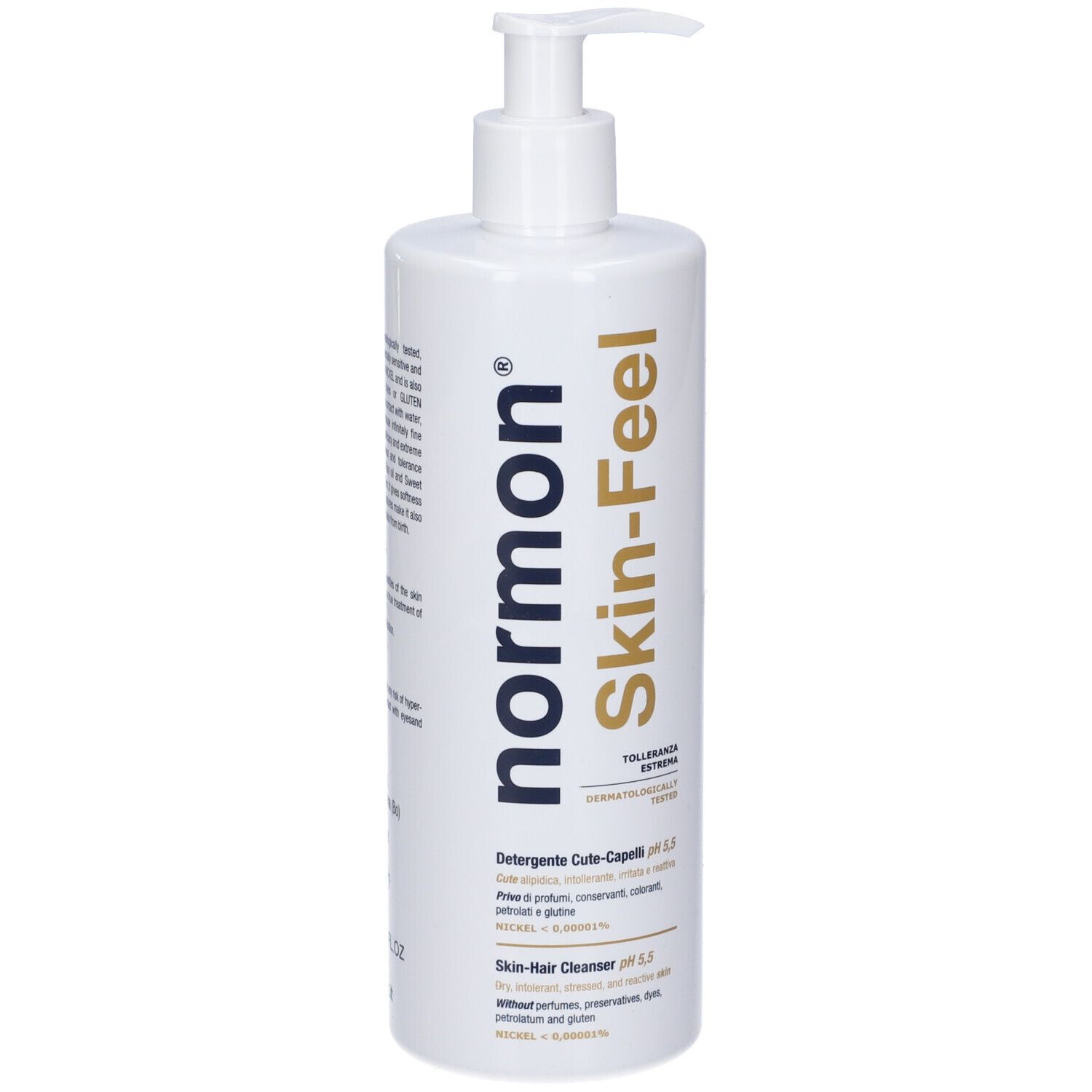 Flacone bianco con dosatore a pompa. Scritta: normon Skin-Feel. Testo: Detergente Cute-Capelli pH 5,5. Skin-Hair Cleanser pH 5,5.