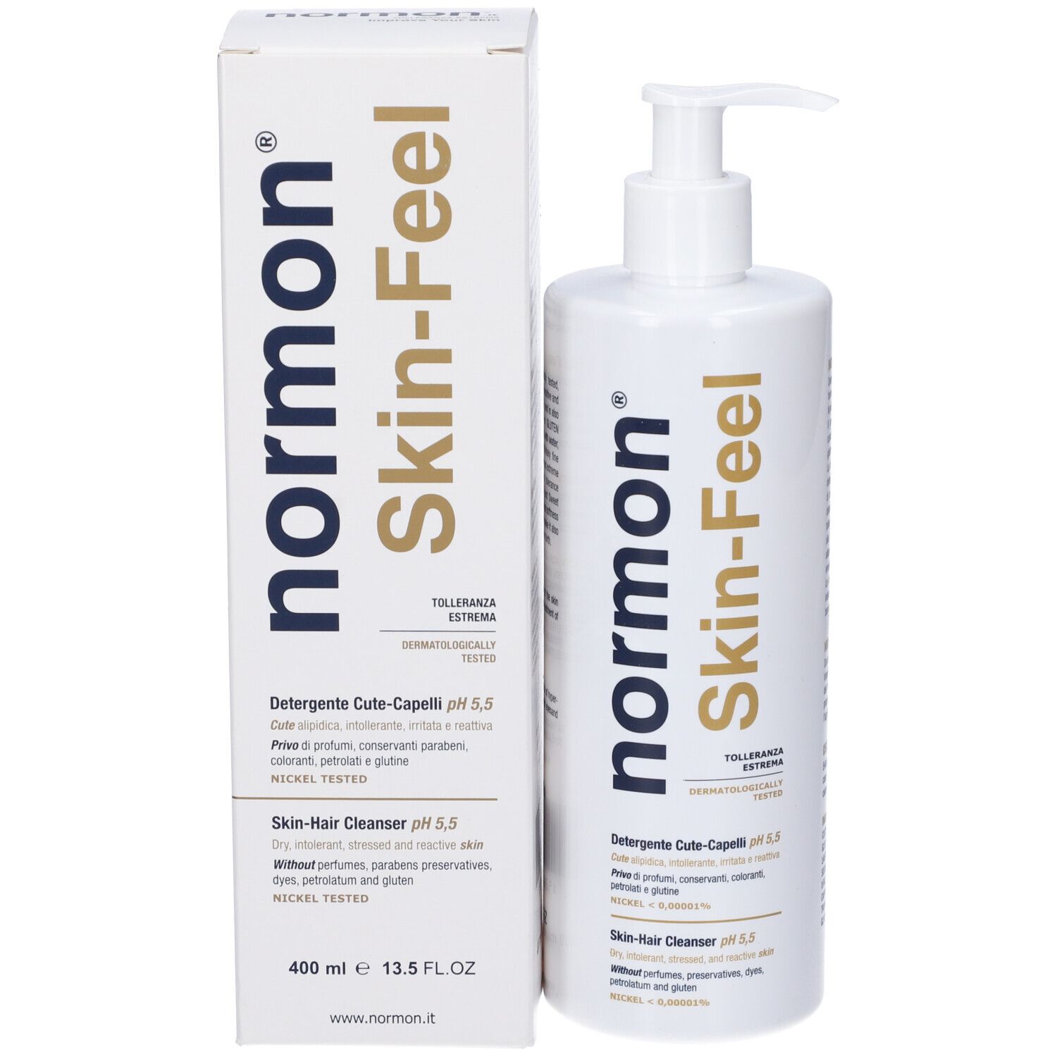Prodotto e confezione. Flacone bianco con dosatore a pompa e scatola. Scritta: normon Skin-Feel. Testo: Detergente Cute-Capelli pH 5,5.
