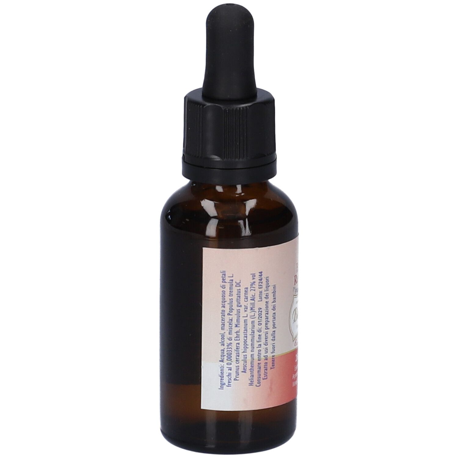 Flacone di vetro marrone con tappo nero e contagocce. Etichetta con ingredienti e informazioni. 28 ml.