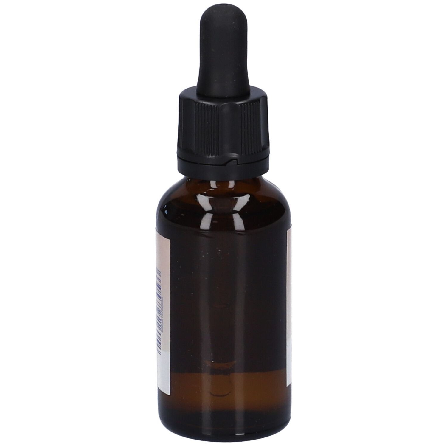 Flacone di vetro marrone con tappo nero e contagocce. Etichetta con informazioni sul prodotto. 28 ml.