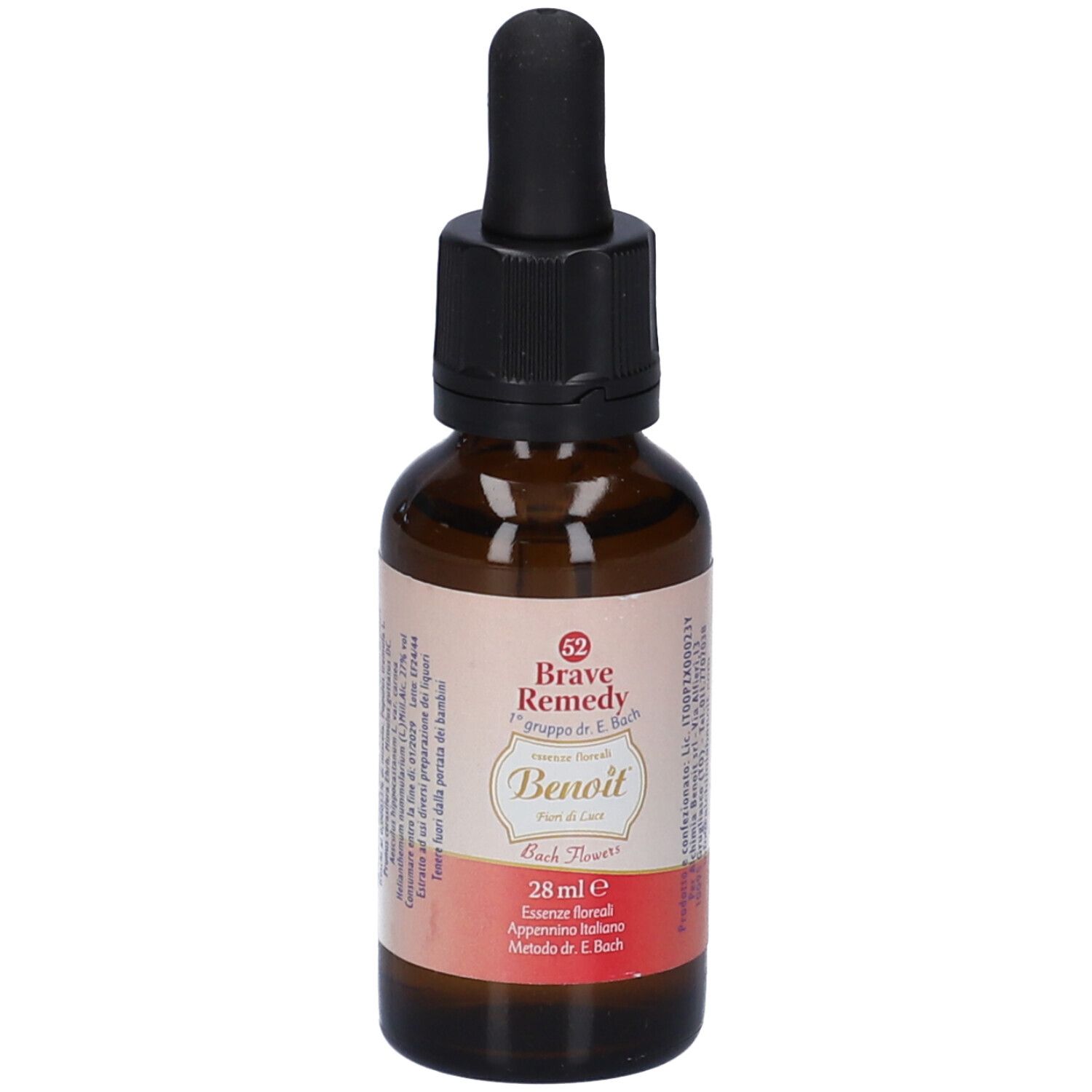 Flacone di vetro marrone con tappo nero e contagocce. Etichetta con nome del prodotto e informazioni. 28 ml.