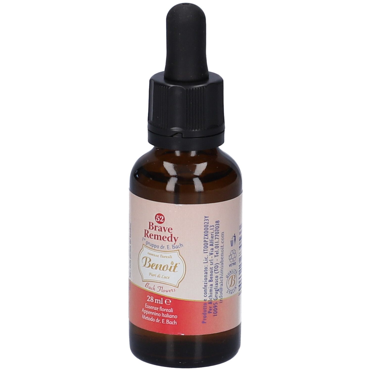 Flacone di vetro marrone con tappo nero e contagocce. Etichetta con nome del prodotto e informazioni. 28 ml.