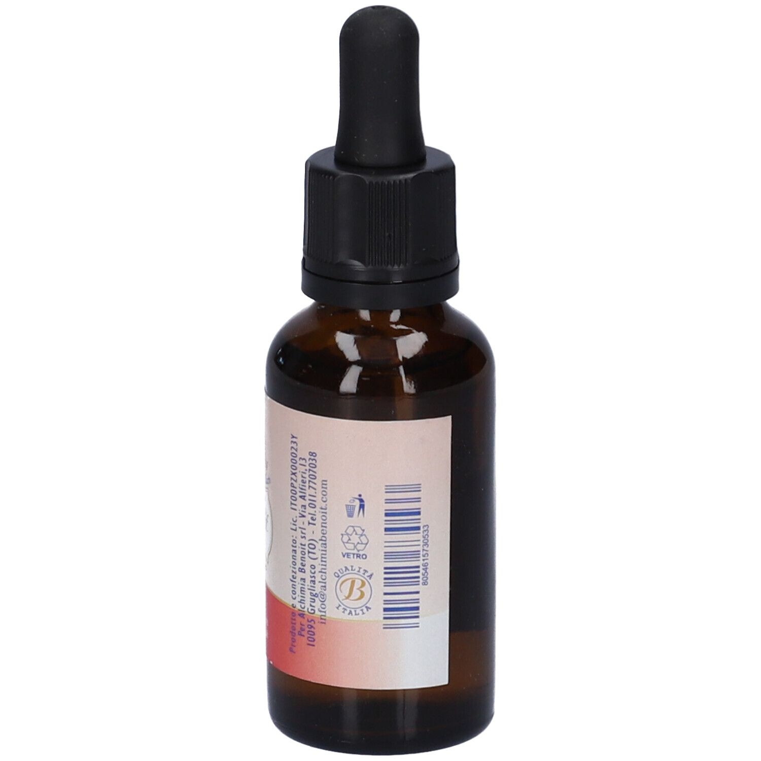 Flacone di vetro marrone con tappo nero e contagocce. Etichetta con informazioni e simbolo di riciclo. 28 ml.