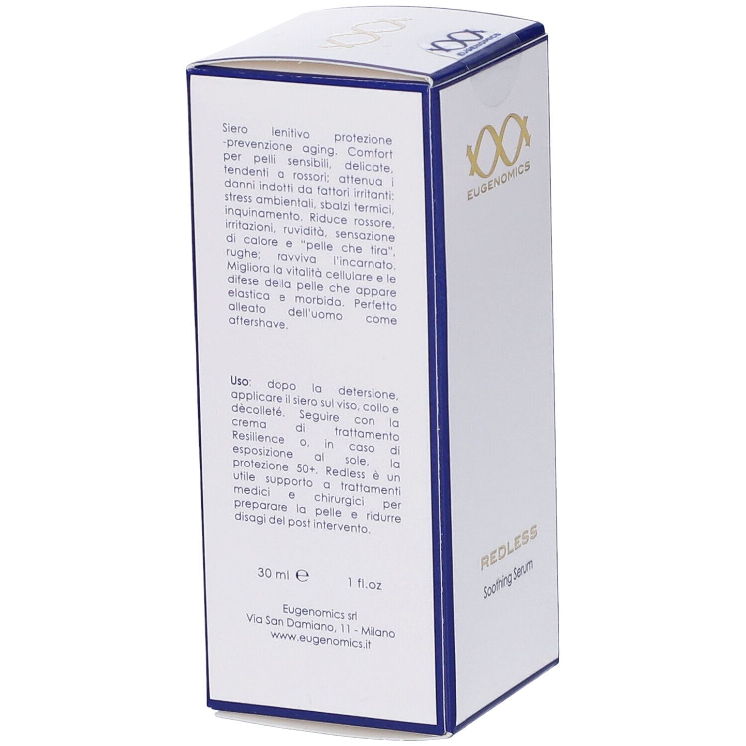 Scatola bianca con bordi blu. Testo in italiano. Logo Eugenomics.