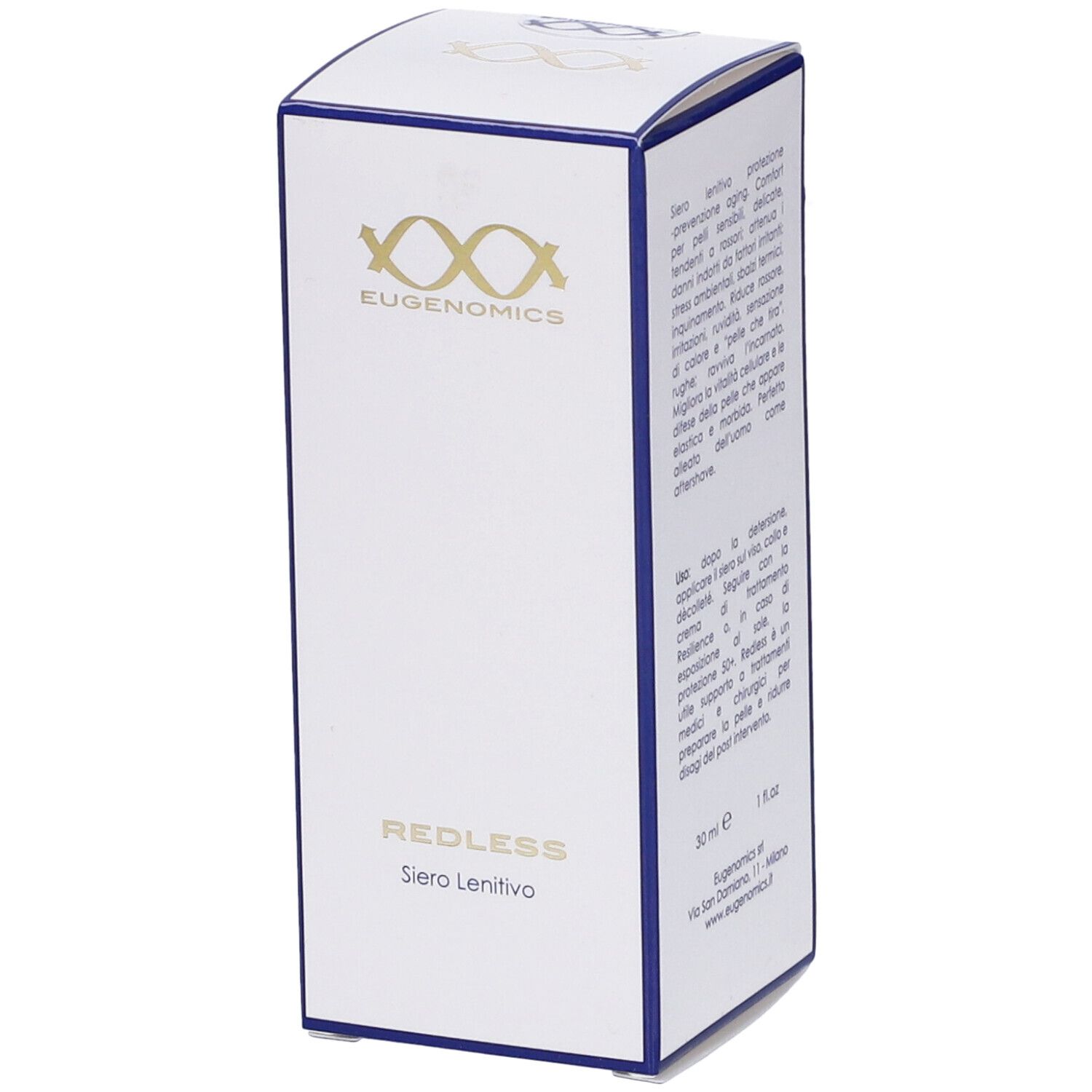 Scatola bianca con bordi blu. Testo in italiano. Logo Eugenomics.