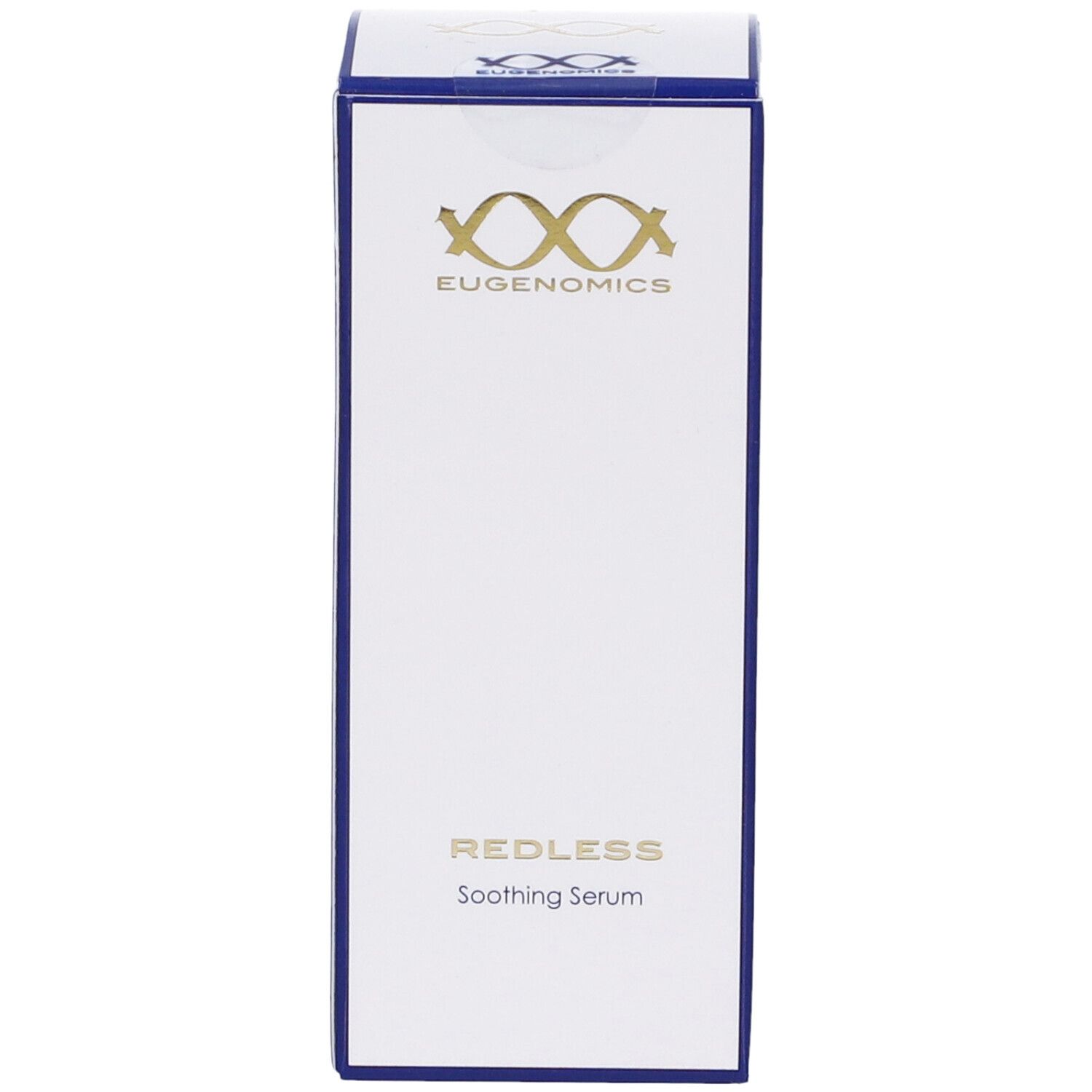Scatola bianca alta con bordo blu. Logo Eugenomics e scritta "REDLESS Soothing Serum".