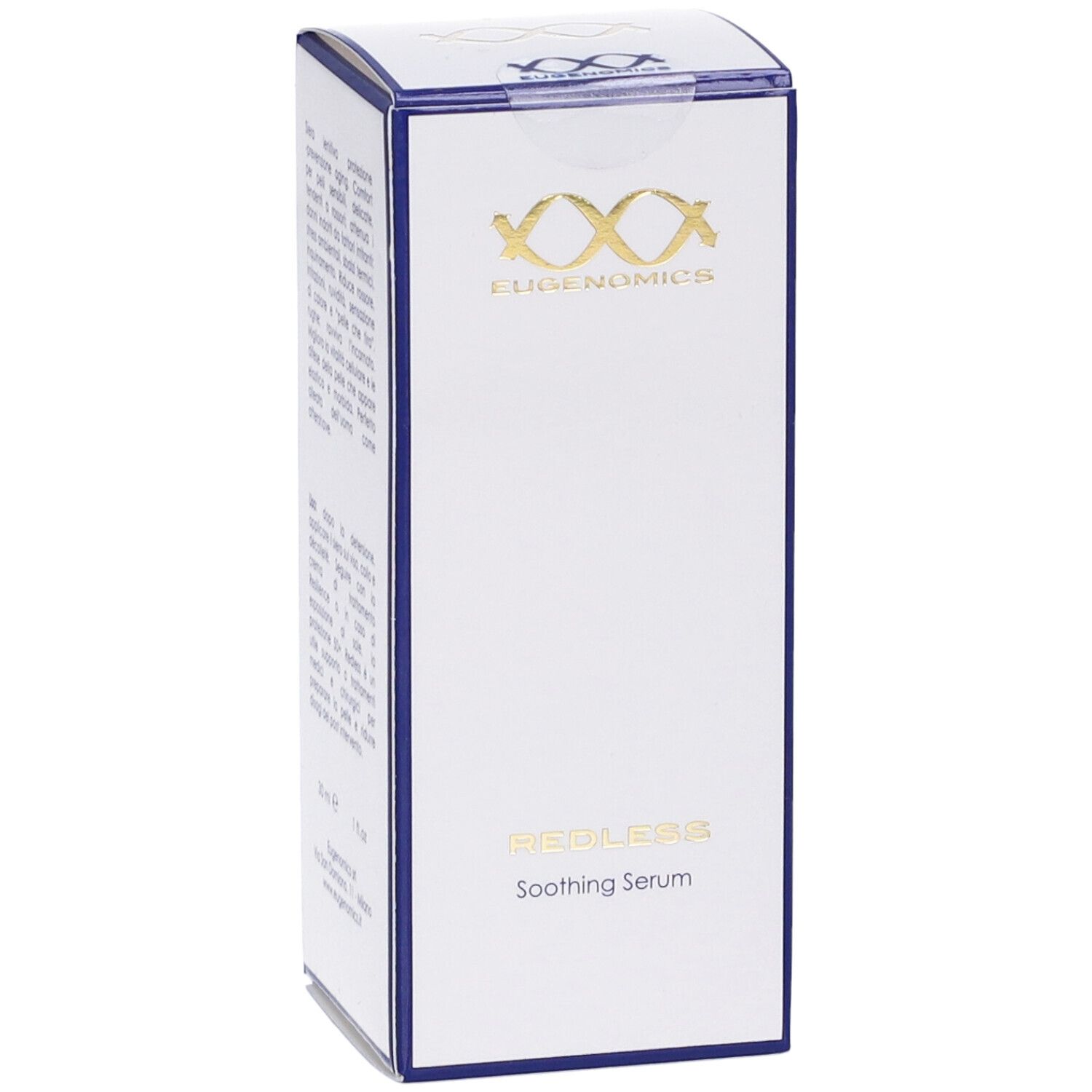 Scatola bianca con bordo blu. Logo Eugenomics e scritta "REDLESS Soothing Serum". Testo.