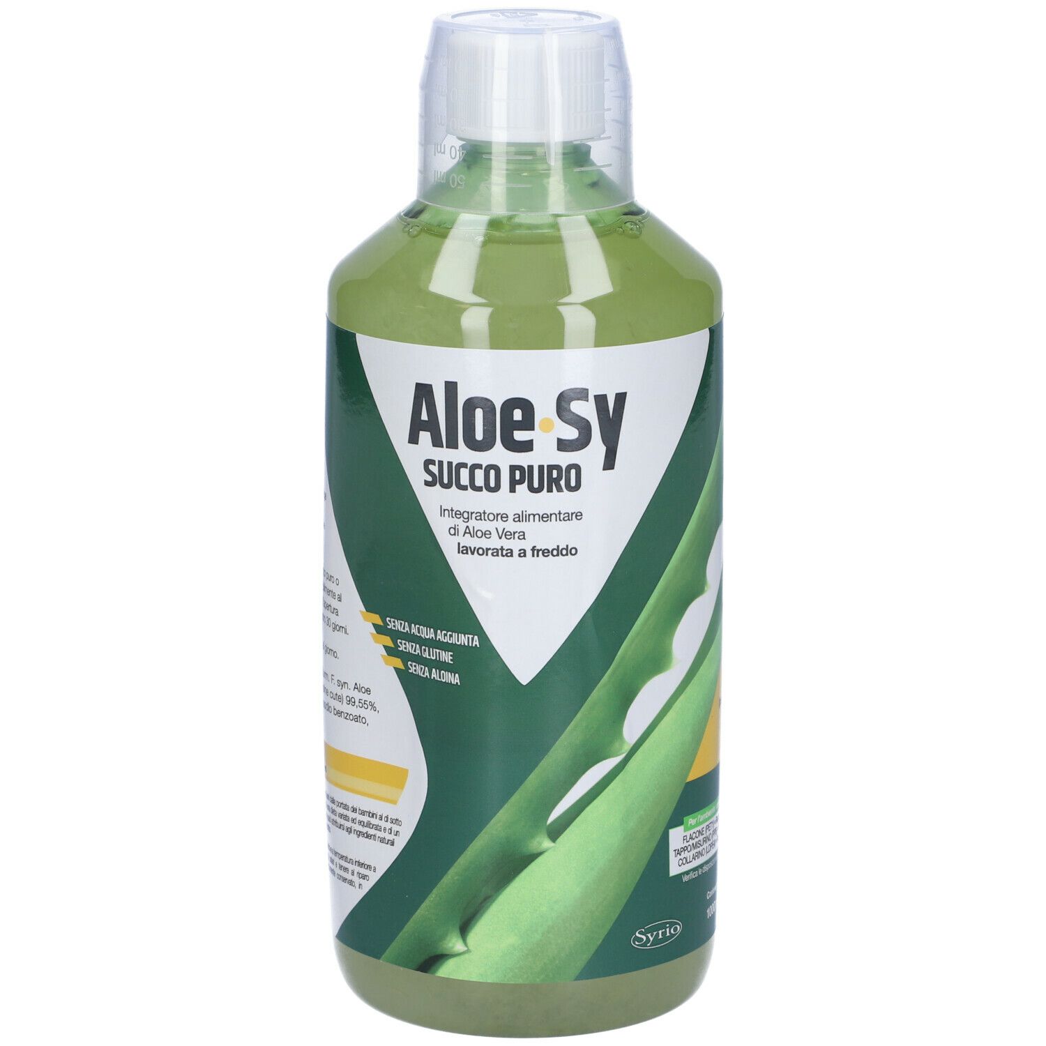 Bottiglia verde di Aloe Sy Succo Puro. Etichetta con informazioni e illustrazioni di aloe vera.
