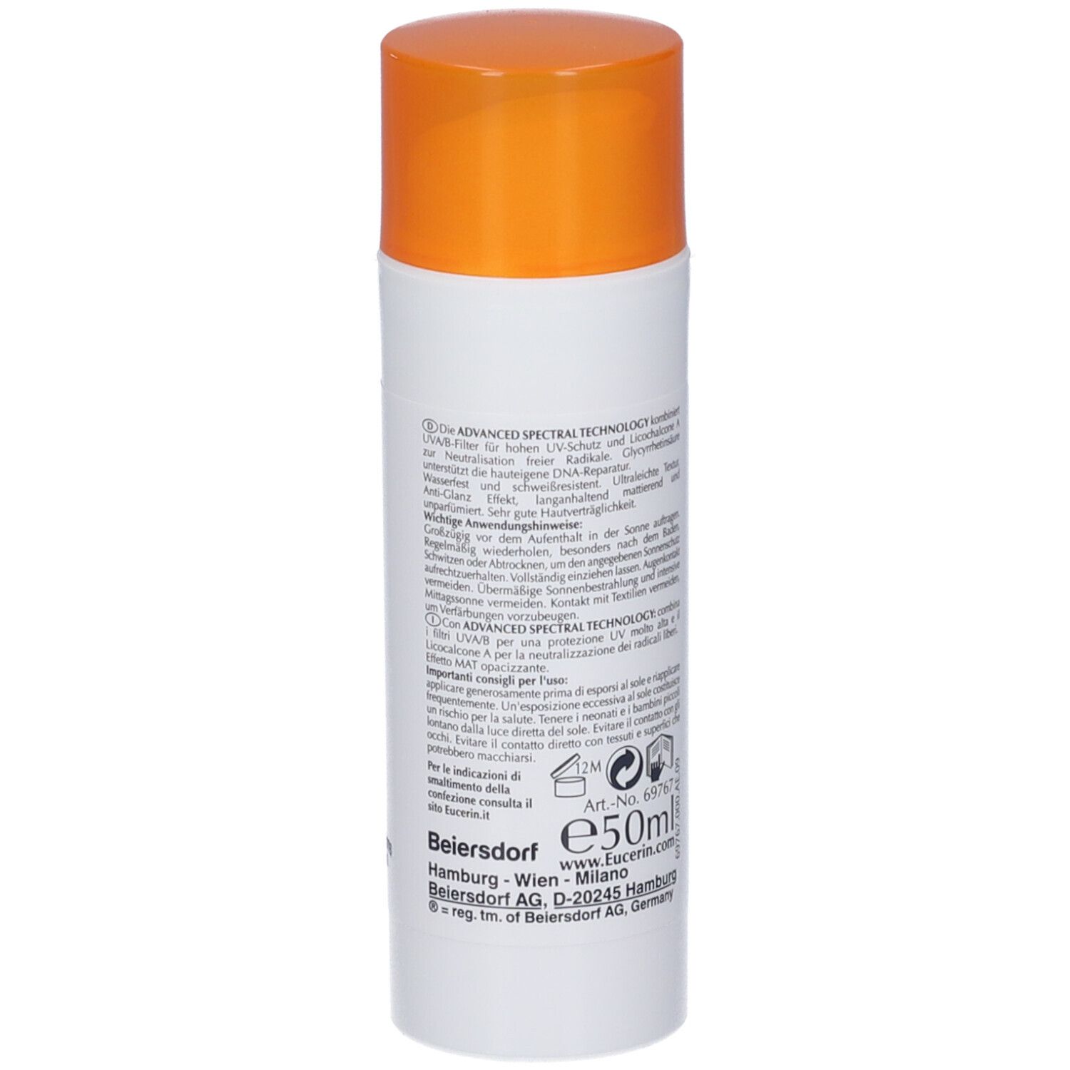 Crema solare Eucerin. Testo: Oil Control, 50, Dry Touch, pelle a tendenza acneica.