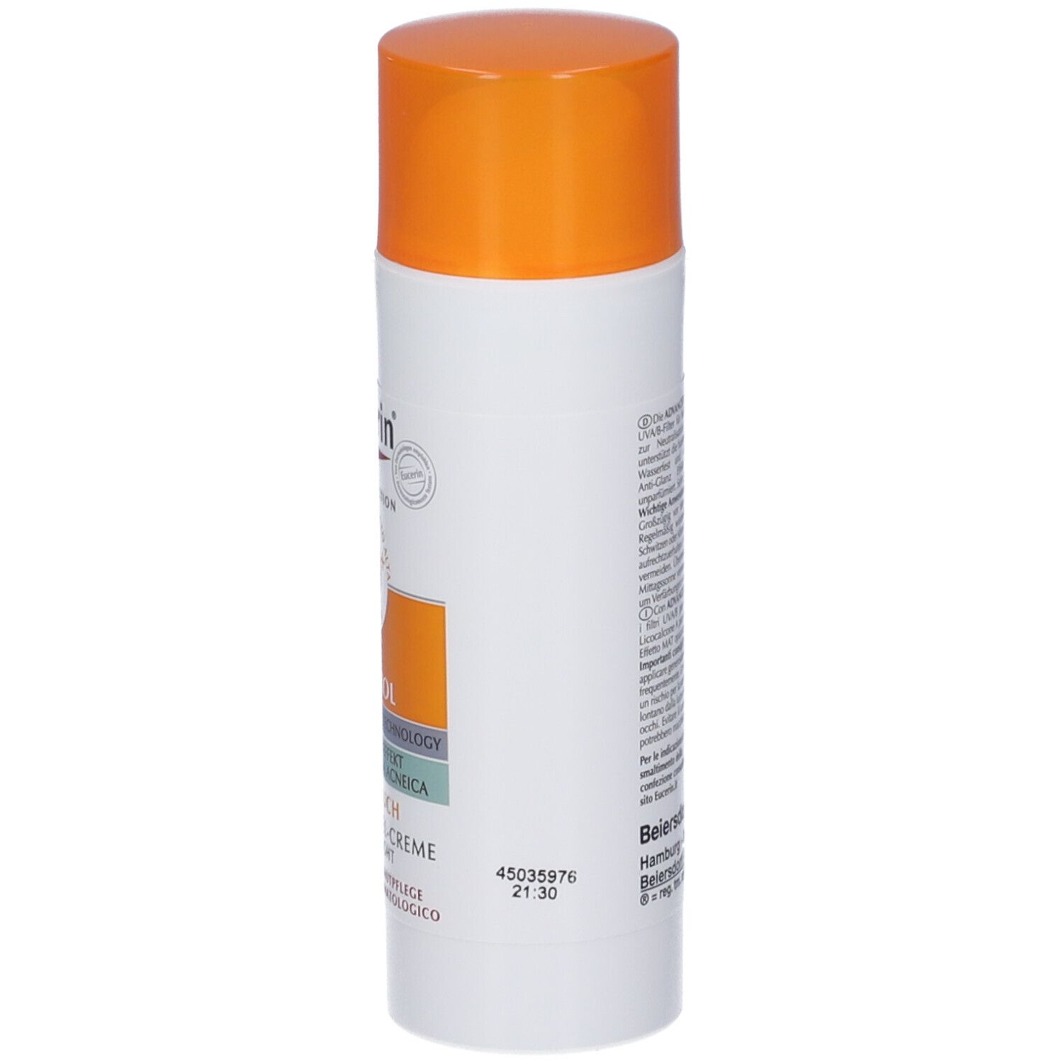 Crema solare Eucerin e confezione. Testo: Oil Control, 50, Dry Touch, pelle a tendenza acneica.