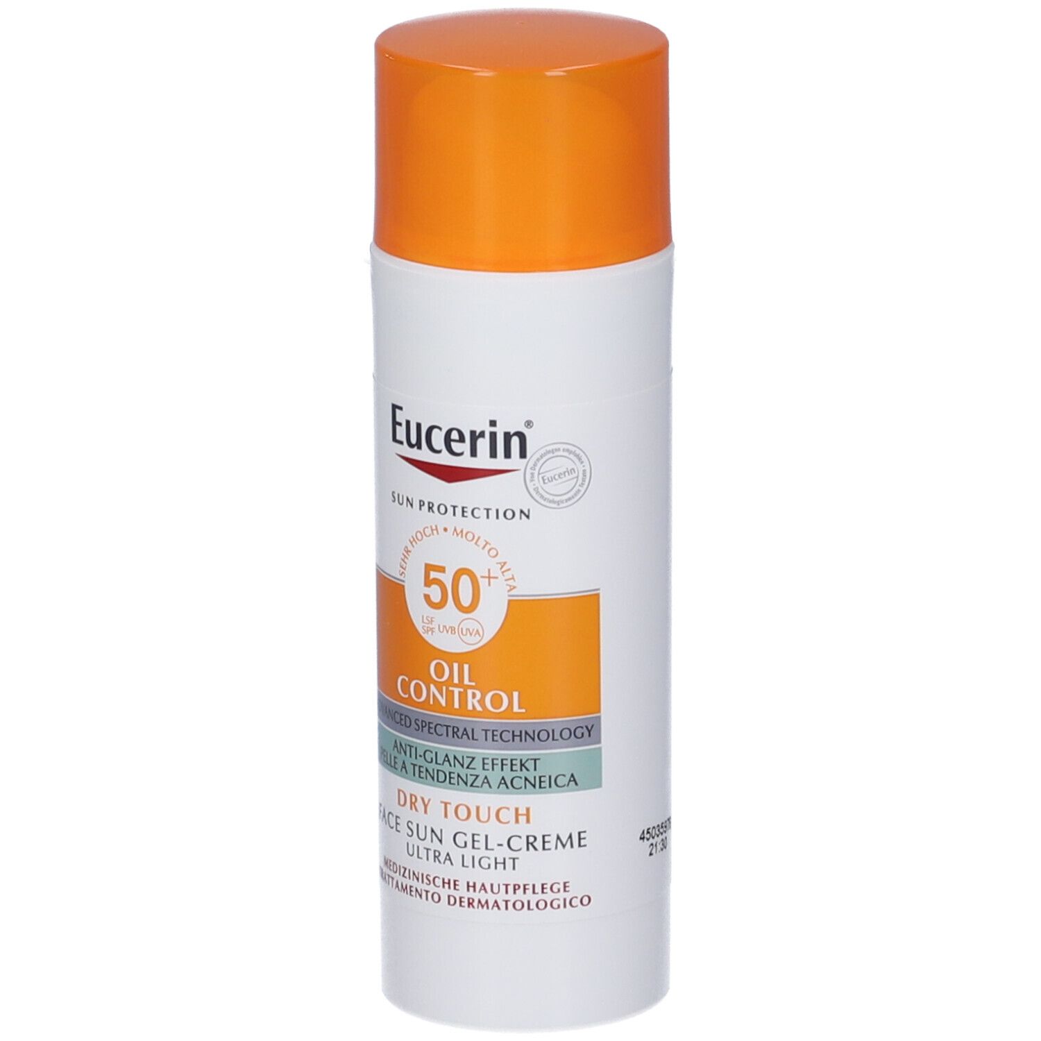 Crema solare Eucerin e confezione. Testo: Oil Control, 50, Dry Touch, pelle a tendenza acneica.
