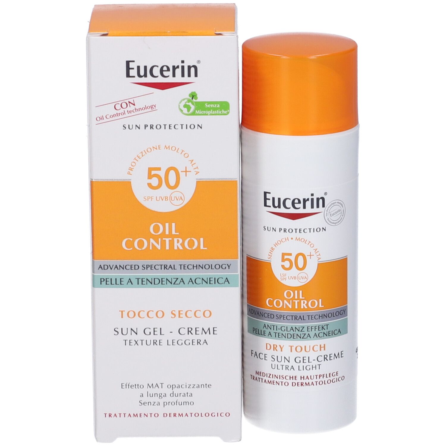 Confezione Eucerin. Testo: Oil Control, 50, Dry Touch, pelle a tendenza acneica.