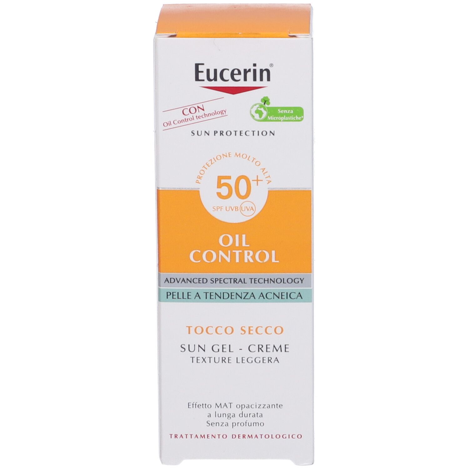 Confezione Eucerin. Testo: Oil Control, 50, Dry Touch, pelle a tendenza acneica.