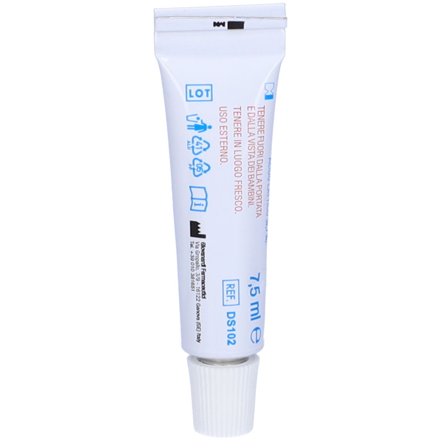 Tubo bianco con scritte blu. Scritto: 7,5 ml, REF DS102. Pittogrammi e testo.