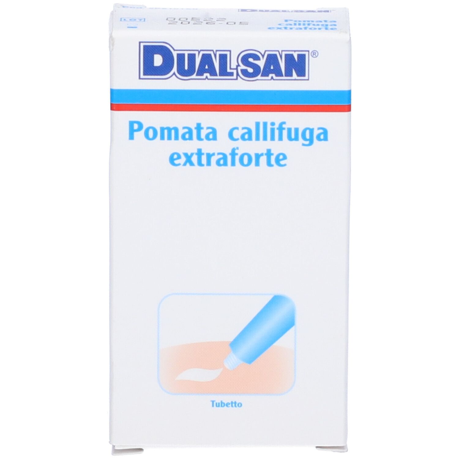 Scatola bianca con scritte blu e rosse. Scritto: Dualsan Pomata callifuga extraforte. Tubetto.