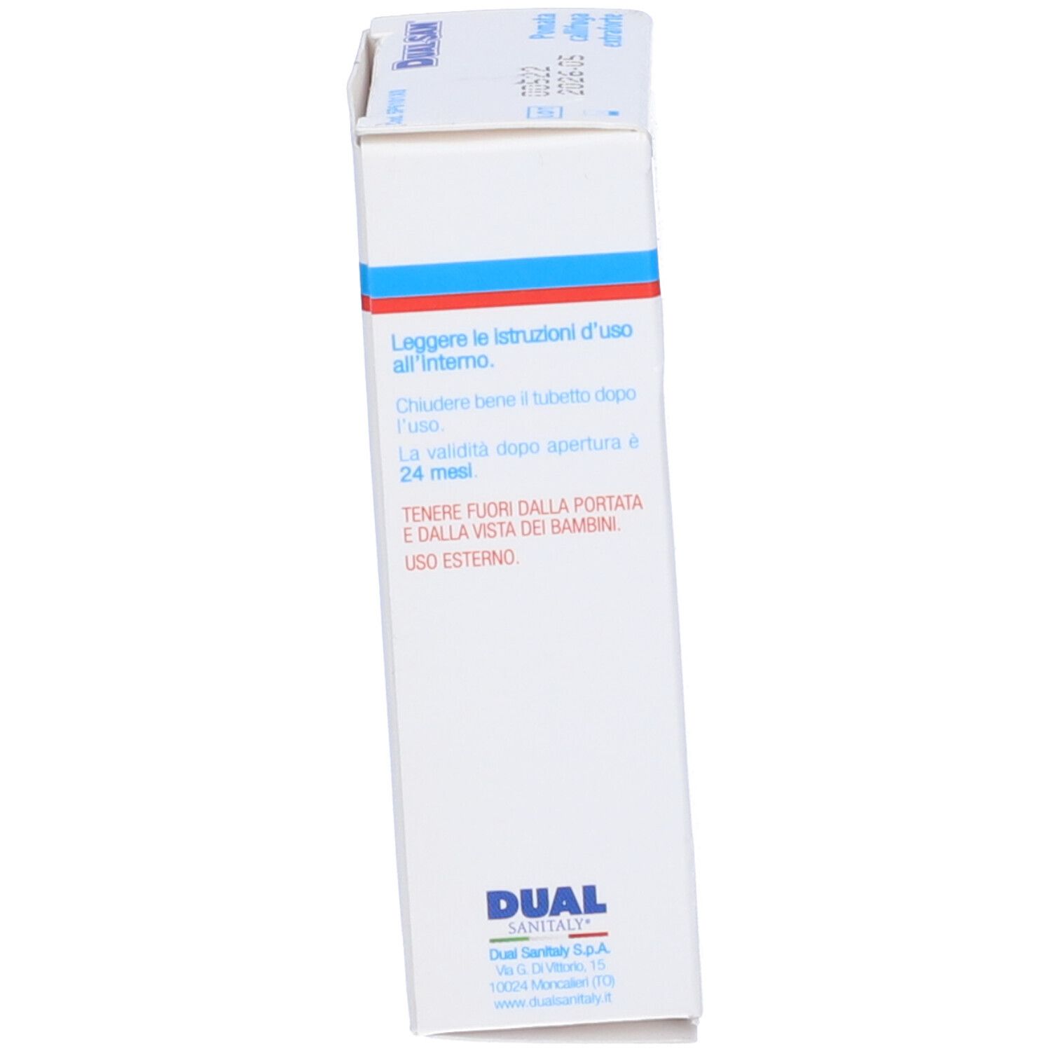 Retro della confezione. Scritto: Dual Sanitaly, ingredienti, pittogrammi, 7,5 ml.