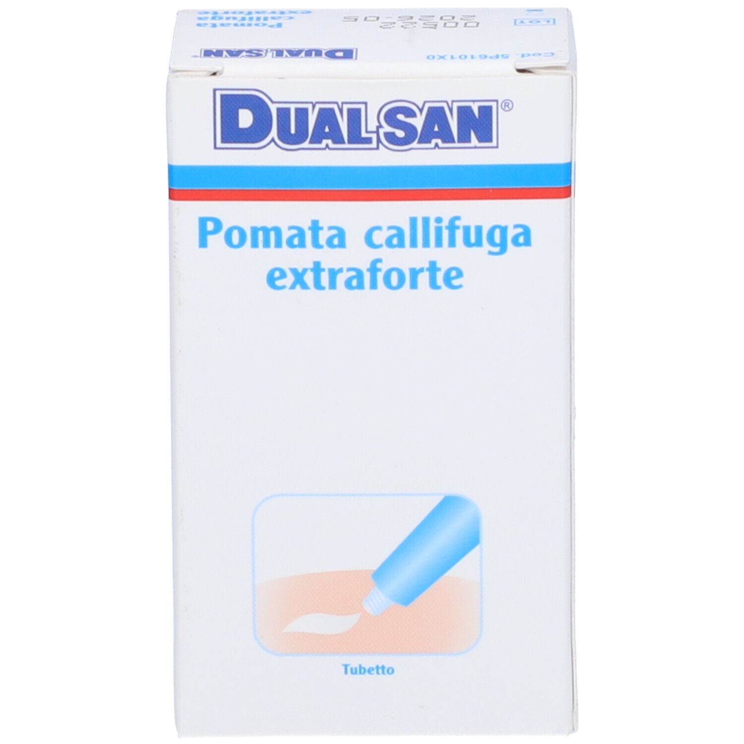Scatola bianca con scritte blu e rosse. Scritto: Dualsan Pomata callifuga extraforte. Tubetto.