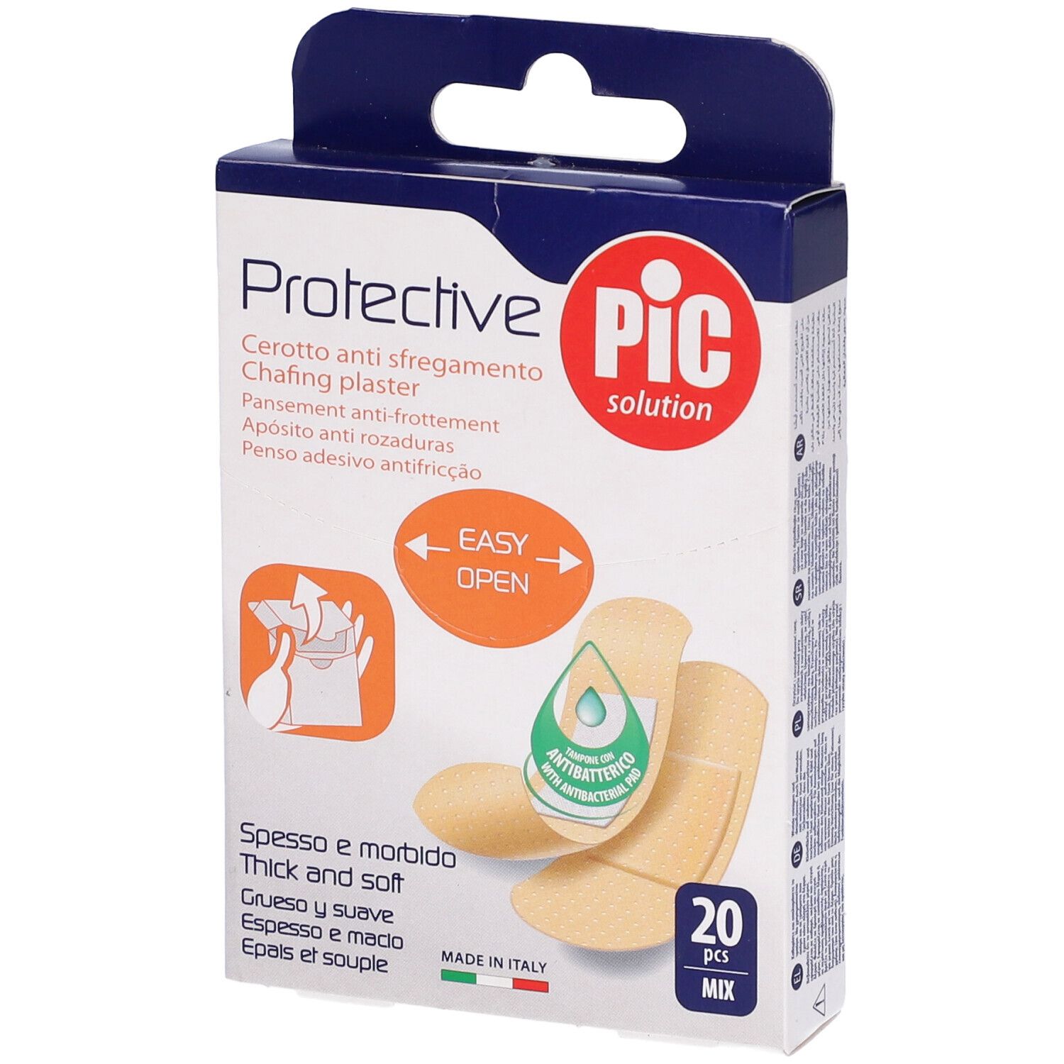 Confezione di cerotti anti sfregamento Protective PIC. Contiene 20 pezzi. Scritte: Protective, Cerotto anti sfregamento, Easy Open.