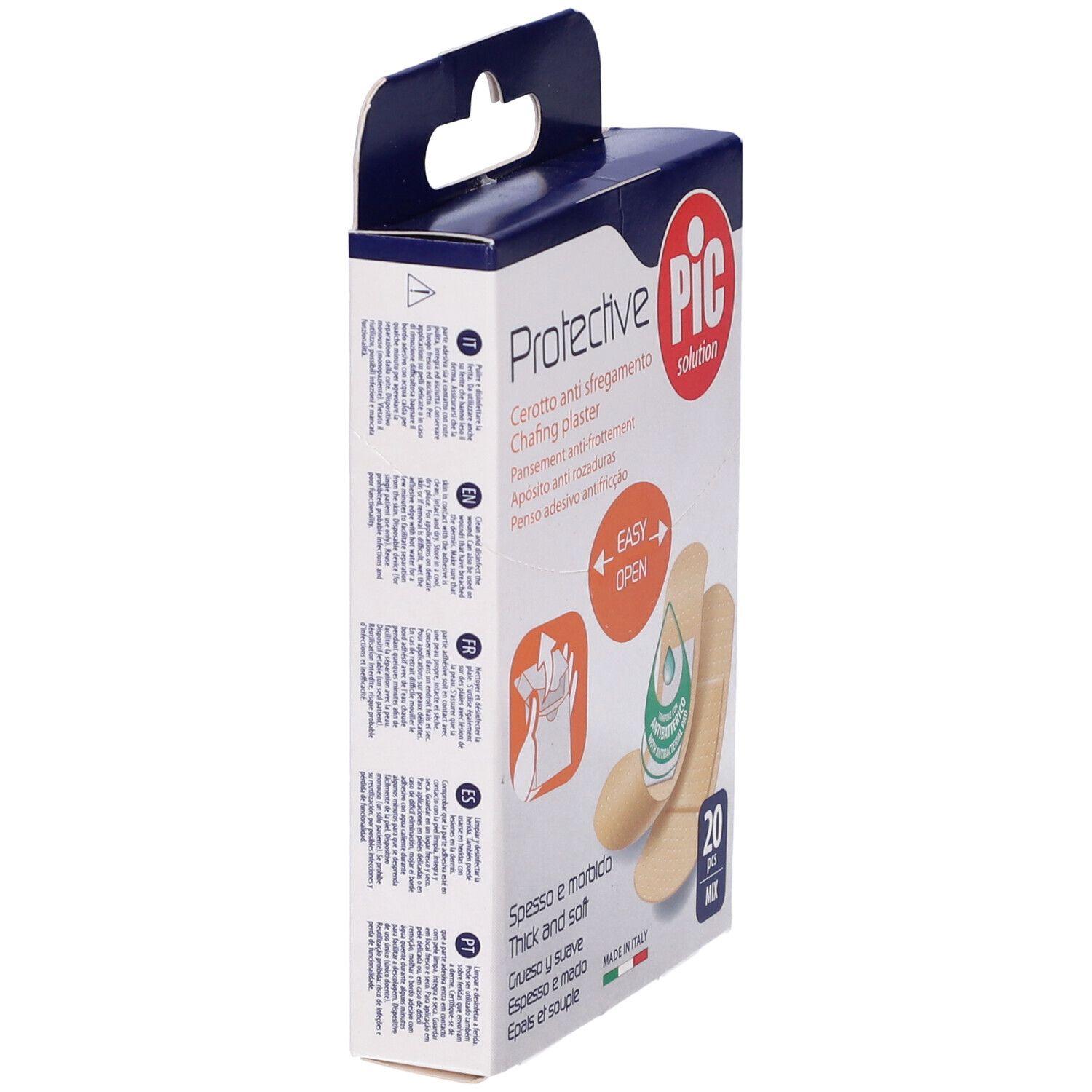 Confezione di cerotti anti sfregamento Protective PIC. Contiene 20 pezzi. Scritte: Protective, Cerotto anti sfregamento, Easy Open.