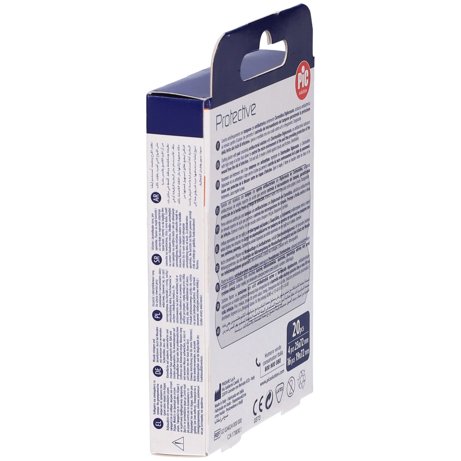 Confezione di cerotti anti sfregamento Protective PIC. Contiene 20 pezzi. Scritte: Protective, Cerotto anti sfregamento, Easy Open.