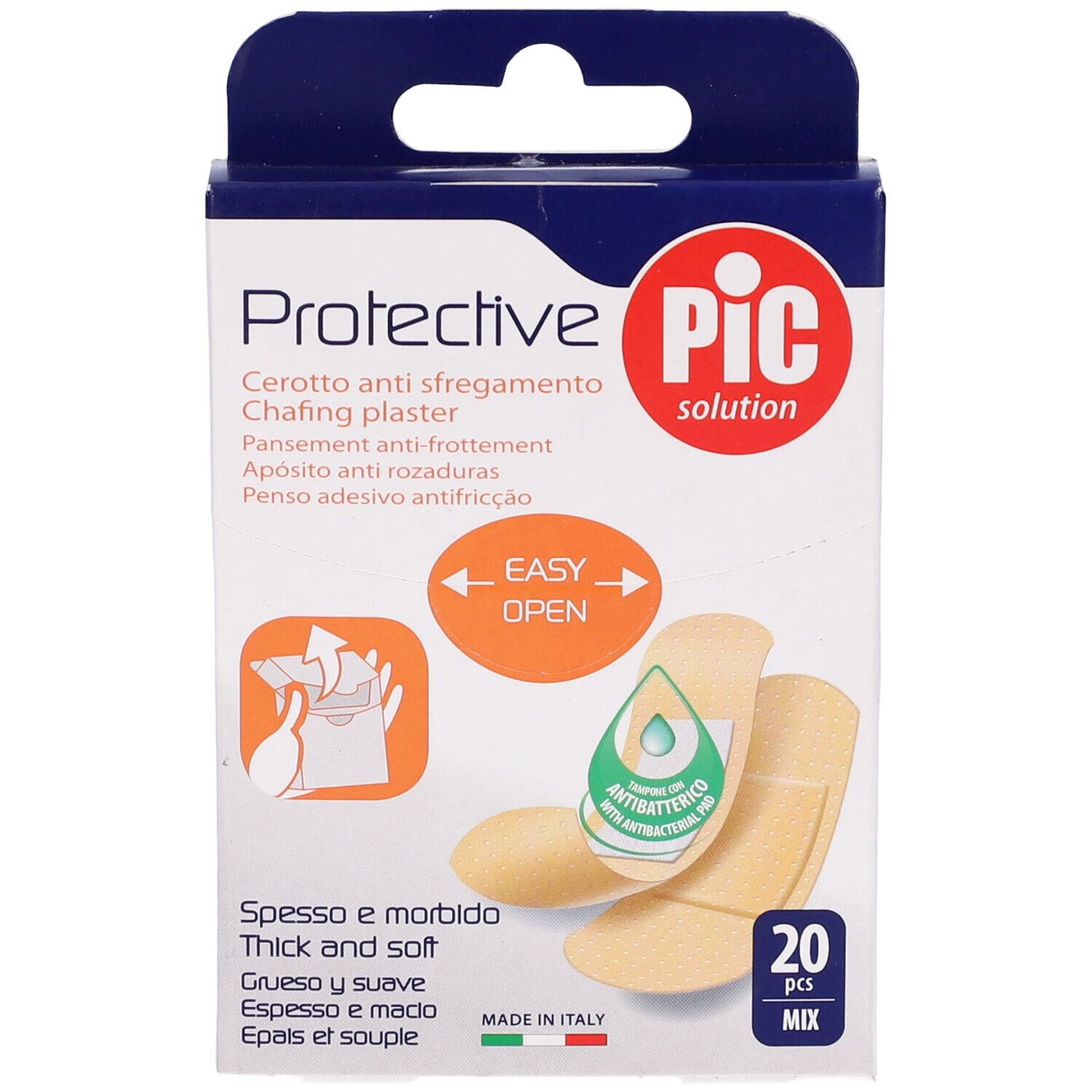 Confezione di cerotti anti sfregamento Protective PIC. Contiene 20 pezzi. Scritte: Protective, Cerotto anti sfregamento, Easy Open.