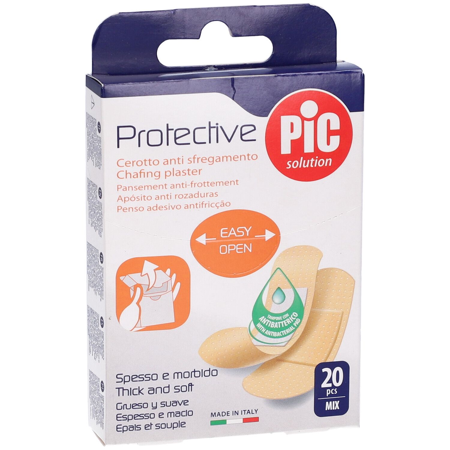 Confezione di cerotti anti sfregamento Protective PIC. Contiene 20 pezzi. Scritte: Protective, Cerotto anti sfregamento, Easy Open.