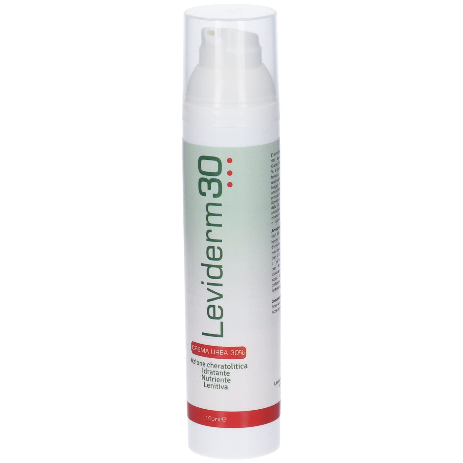 Flacone bianco con dosatore a pompa. Scritta Leviderm 30. Testo in italiano. Striscia rossa in basso.