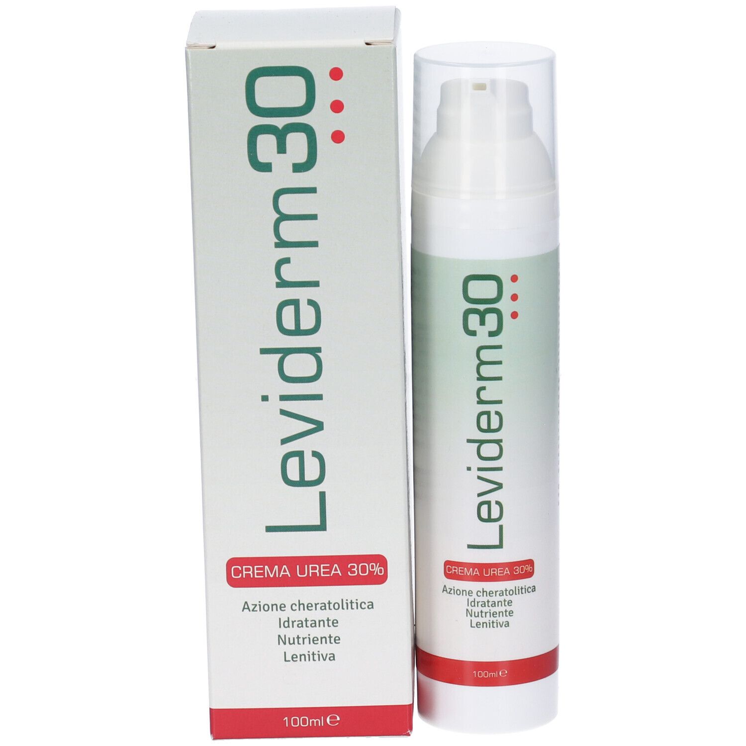 Flacone e scatola del prodotto. Scritta Leviderm 30. Testo in italiano. Confezione bianca.