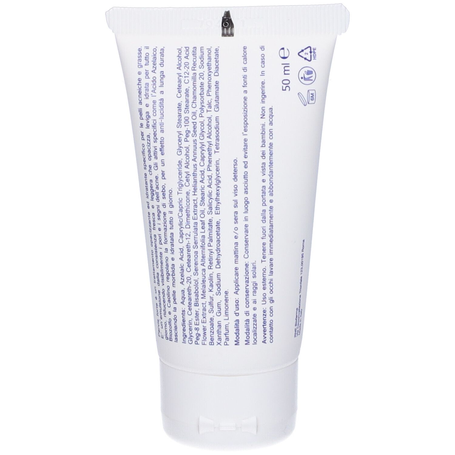 Retro di un tubo bianco. Testo in italiano. Ingredienti e avvertenze stampate. Volume: 50 ml.