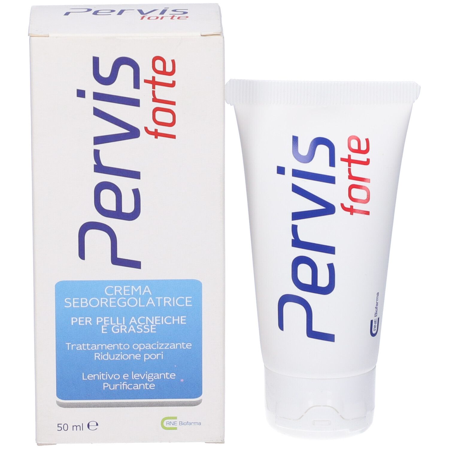 Confezione e tubo del prodotto. Scatola e tubo bianchi con scritta blu e rossa Pervis forte. Scritta: Crema per pelli grasse.