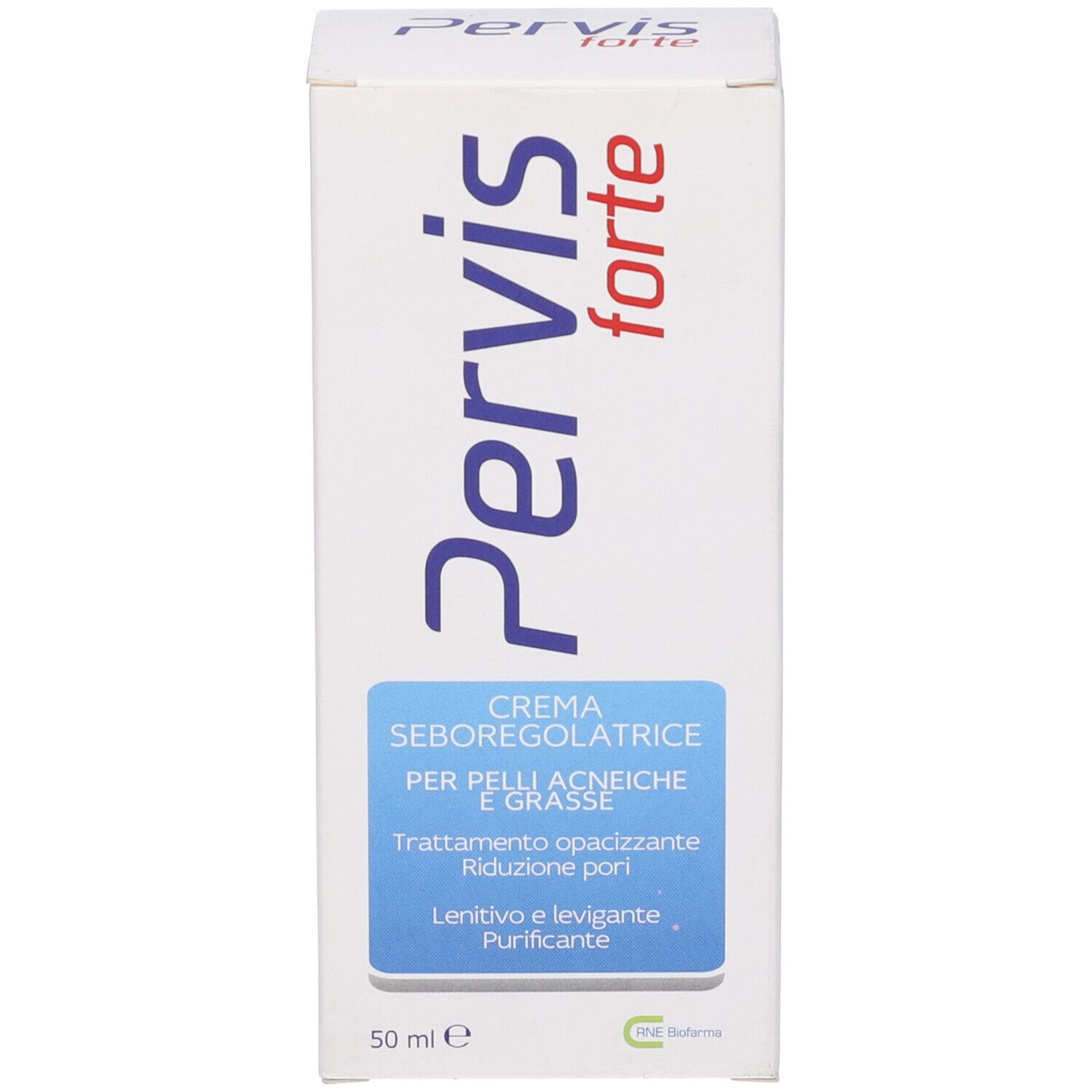 Scatola bianca con scritta blu e rossa Pervis forte. Scritta: Crema per pelli grasse. Volume: 50 ml.