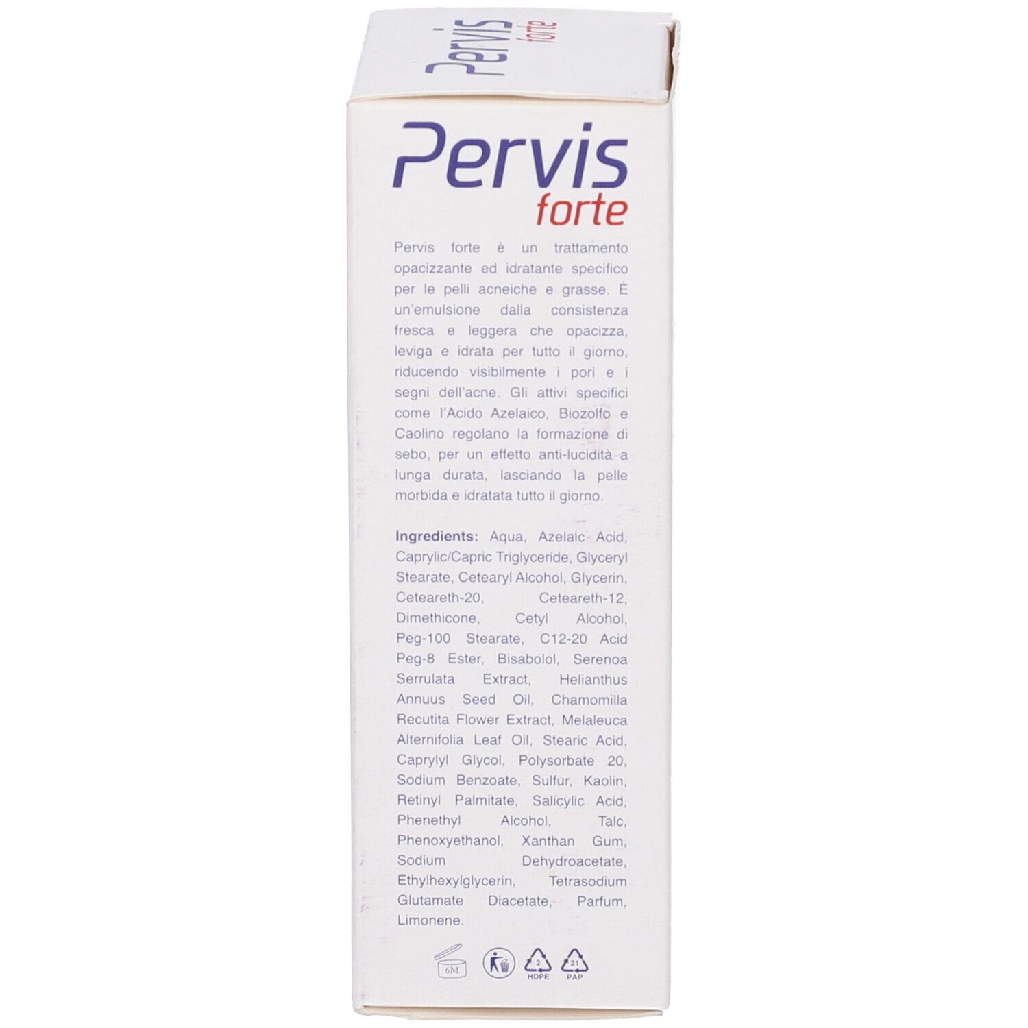 Scatola bianca con testo in italiano. Scritta: Pervis forte. Ingredienti e descrizione del prodotto. Logo del produttore in basso.