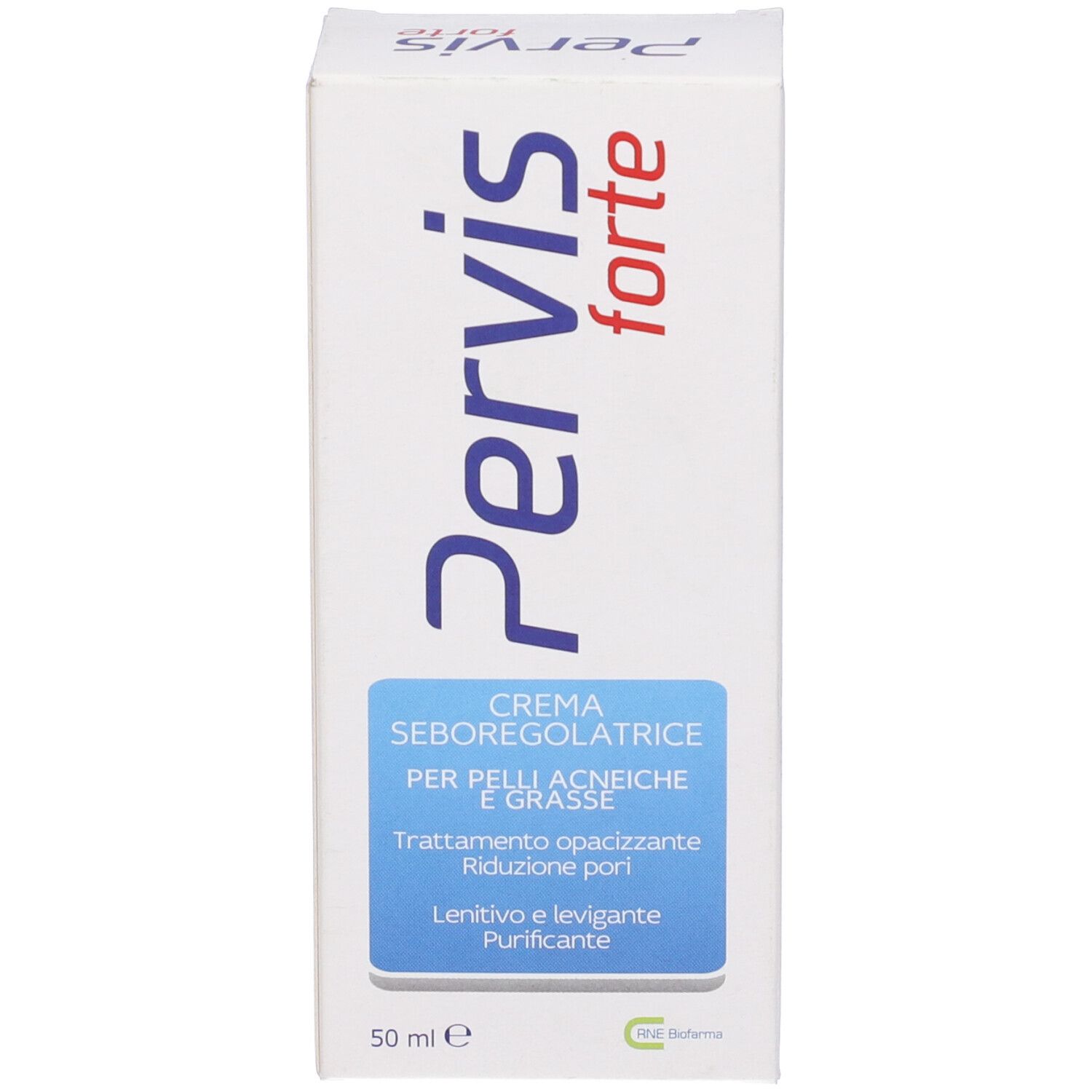 Scatola bianca con scritta blu e rossa Pervis forte. Scritta: Crema per pelli grasse. Volume: 50 ml.