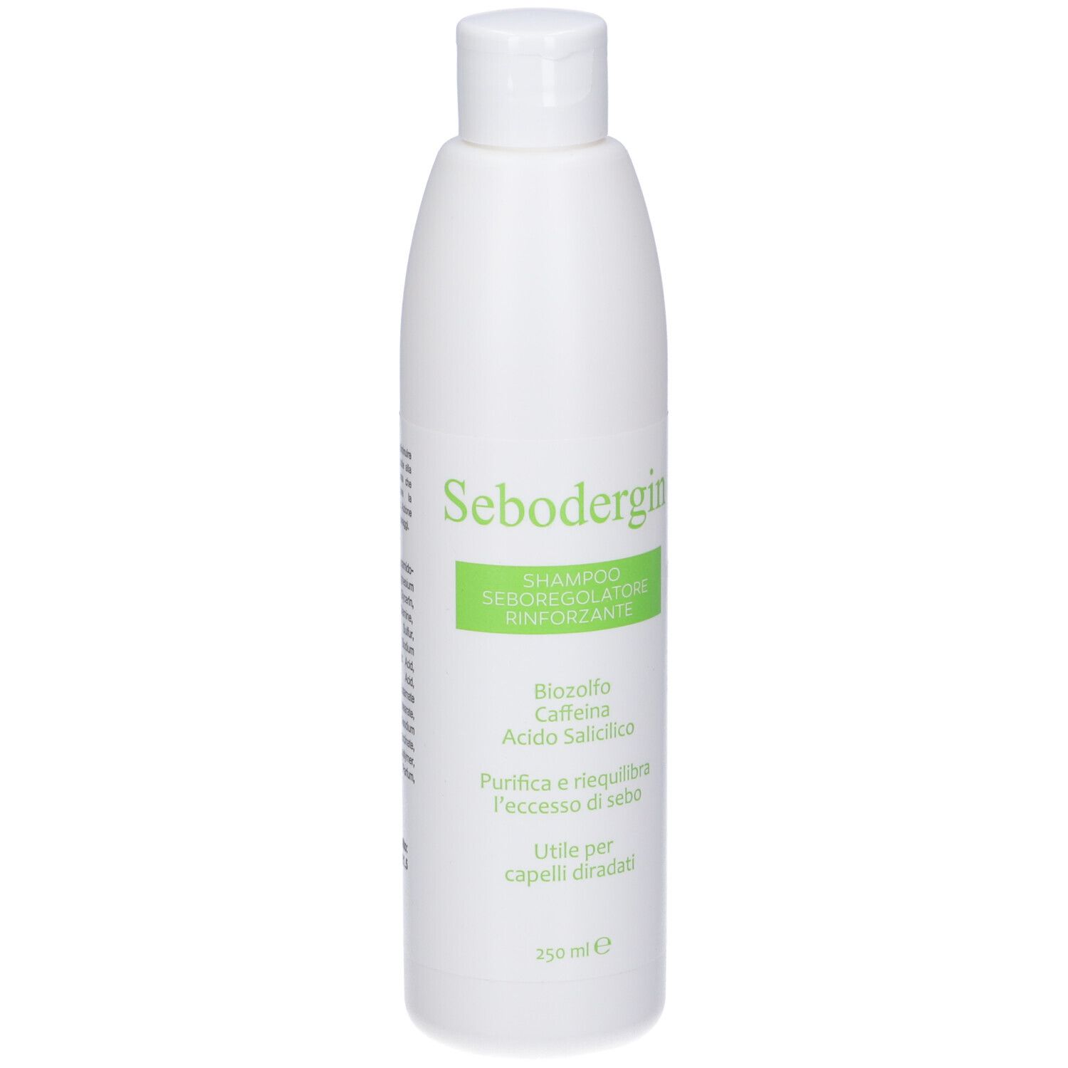 Flacone di shampoo bianco con etichetta verde. Scritte: Sebodergin, Shampoo, Biozolfo, Caffeina, Acido Salicilico. 250 ml.