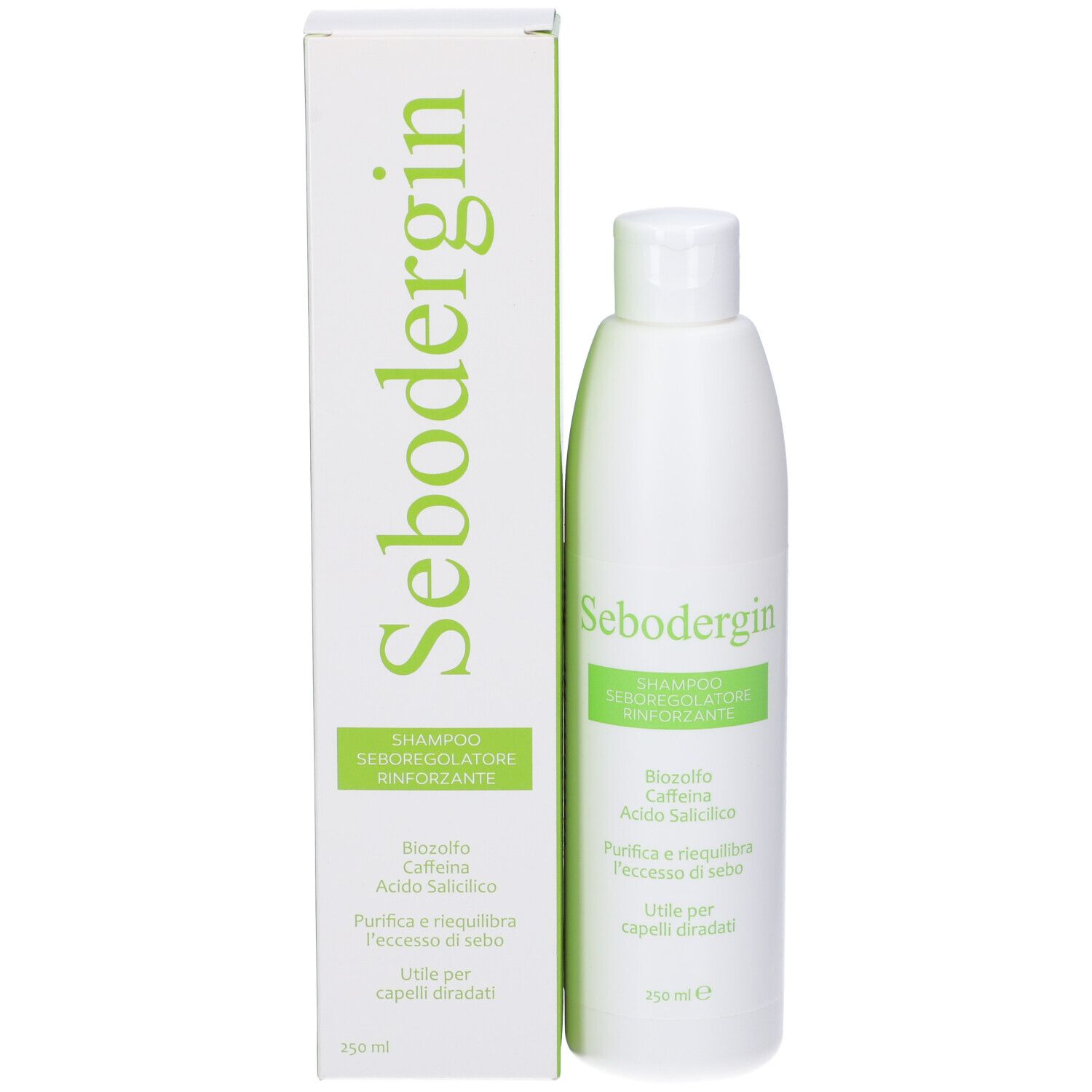 Flacone e scatola di shampoo Sebodergin. Flacone e scatola bianchi con accenti verdi. Scritta: Sebodergin.