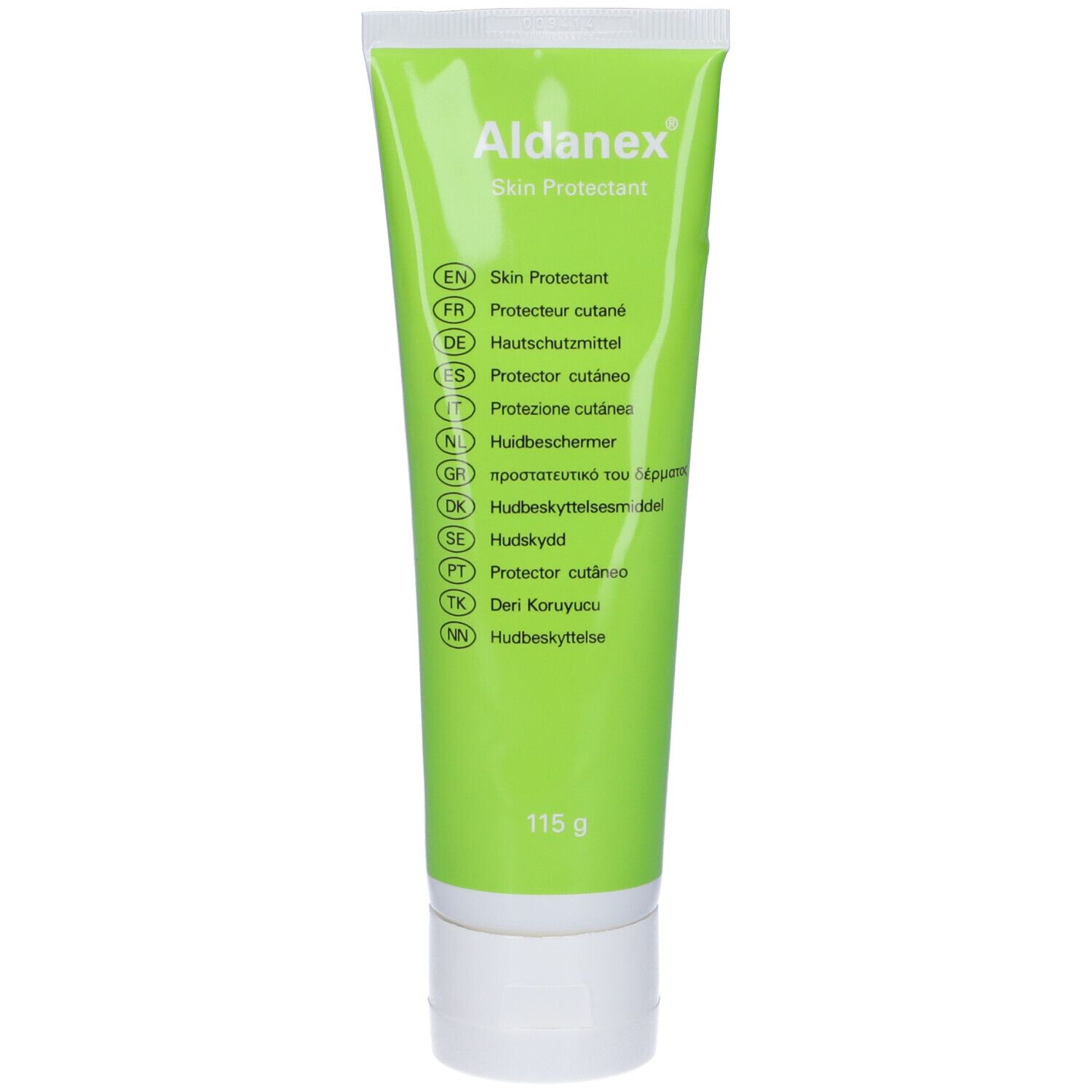 Tubo verde Aldanex Skin Protectant. Testo multilingue. 115g. Tappo bianco.