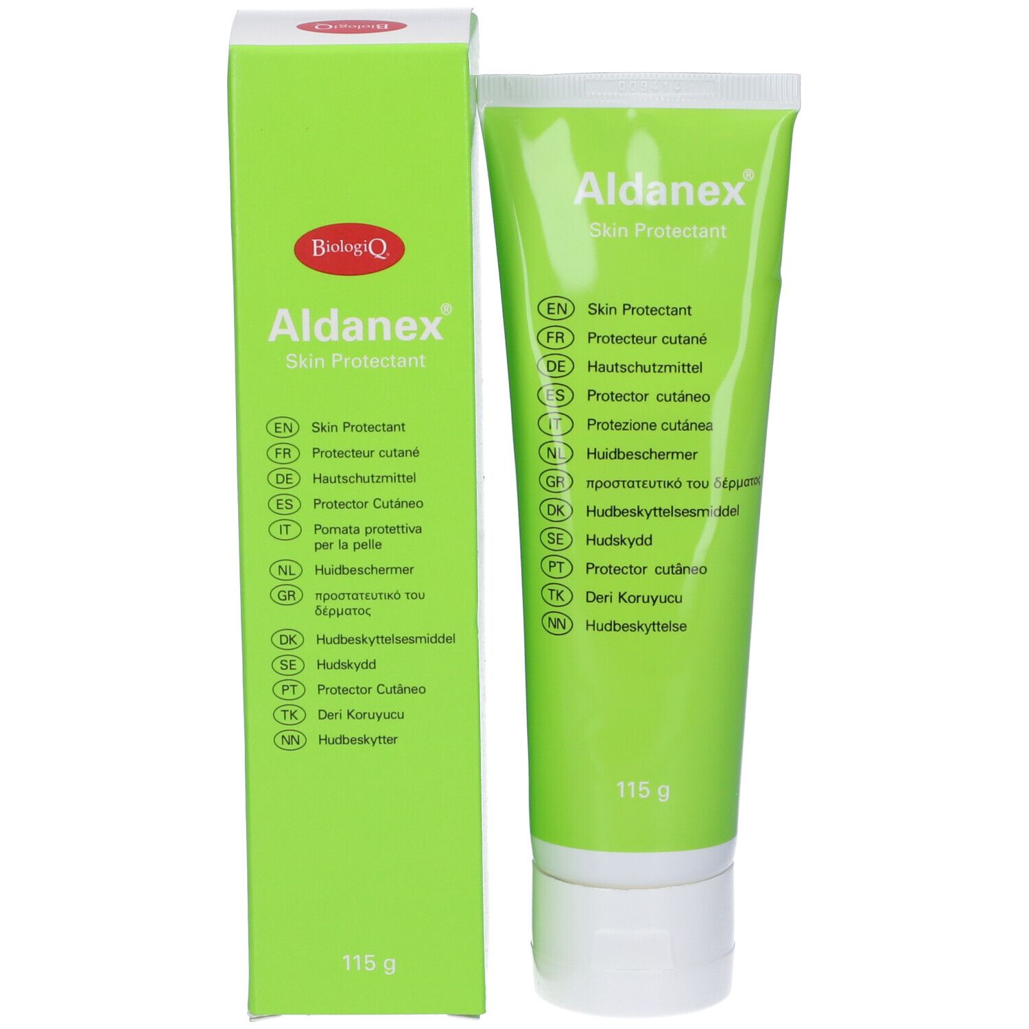 Tubo e scatola verdi Aldanex Skin Protectant. Testo multilingue. Contenuto 115g.