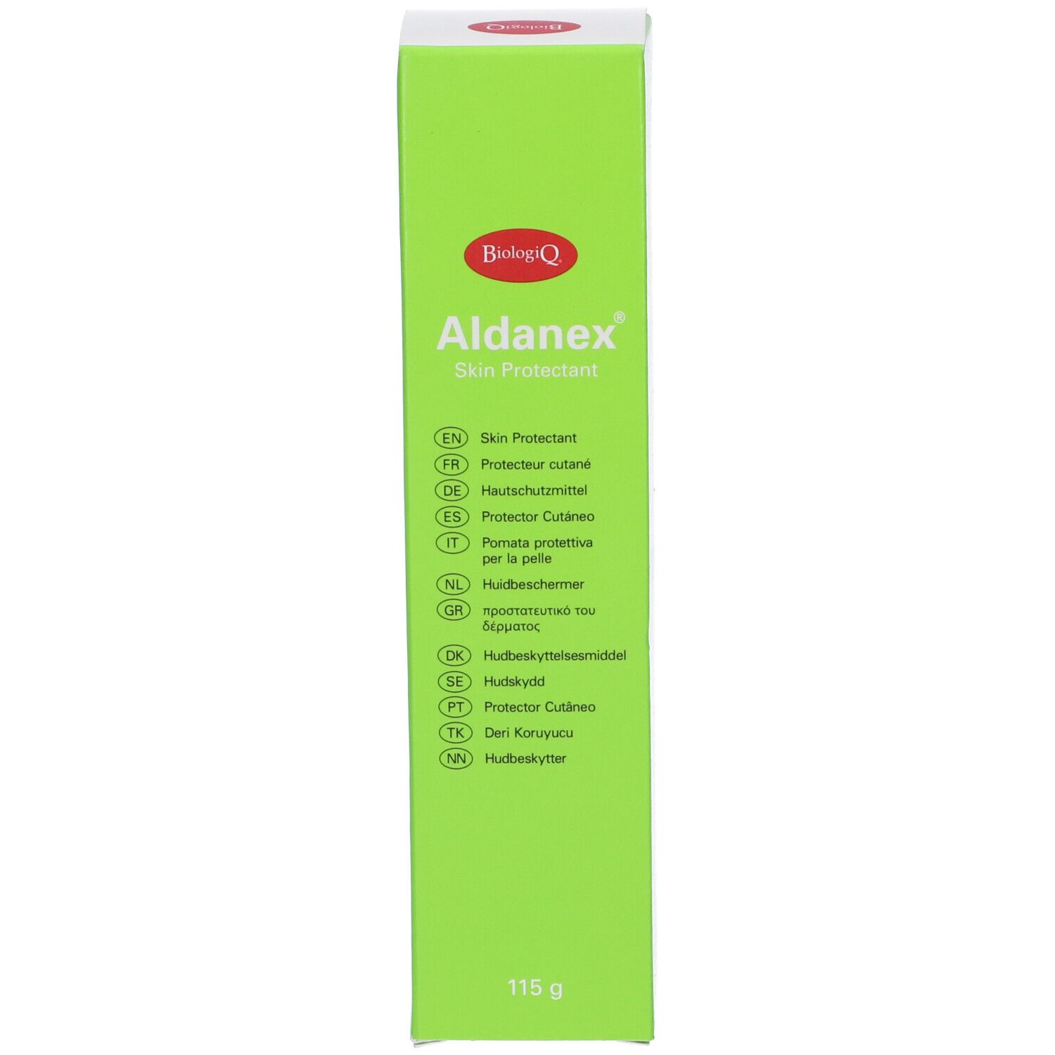 Scatola verde Aldanex Skin Protectant. Testo multilingue. Contenuto 115g.
