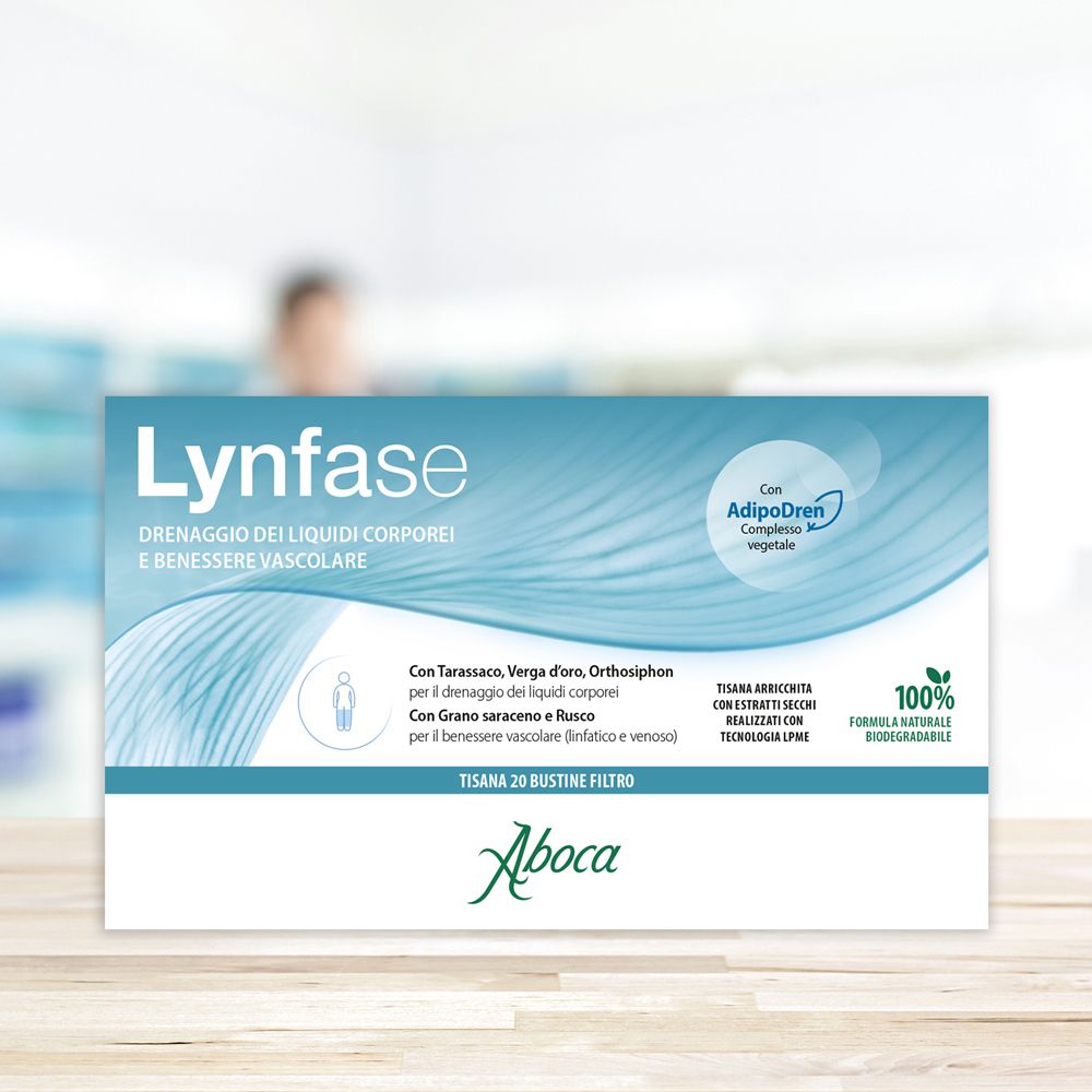 Confezione Lynfase. Testo: Drenaggio dei liquidi corporei e benessere vascolare. Logo Aboca.