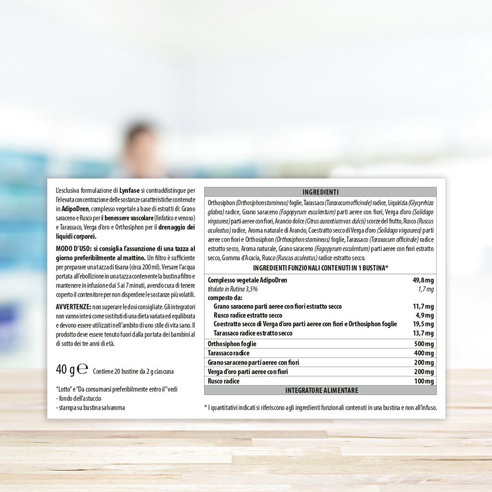 Retro della confezione Lynfase. Testo sugli ingredienti e l'uso. 40g. Logo Aboca.