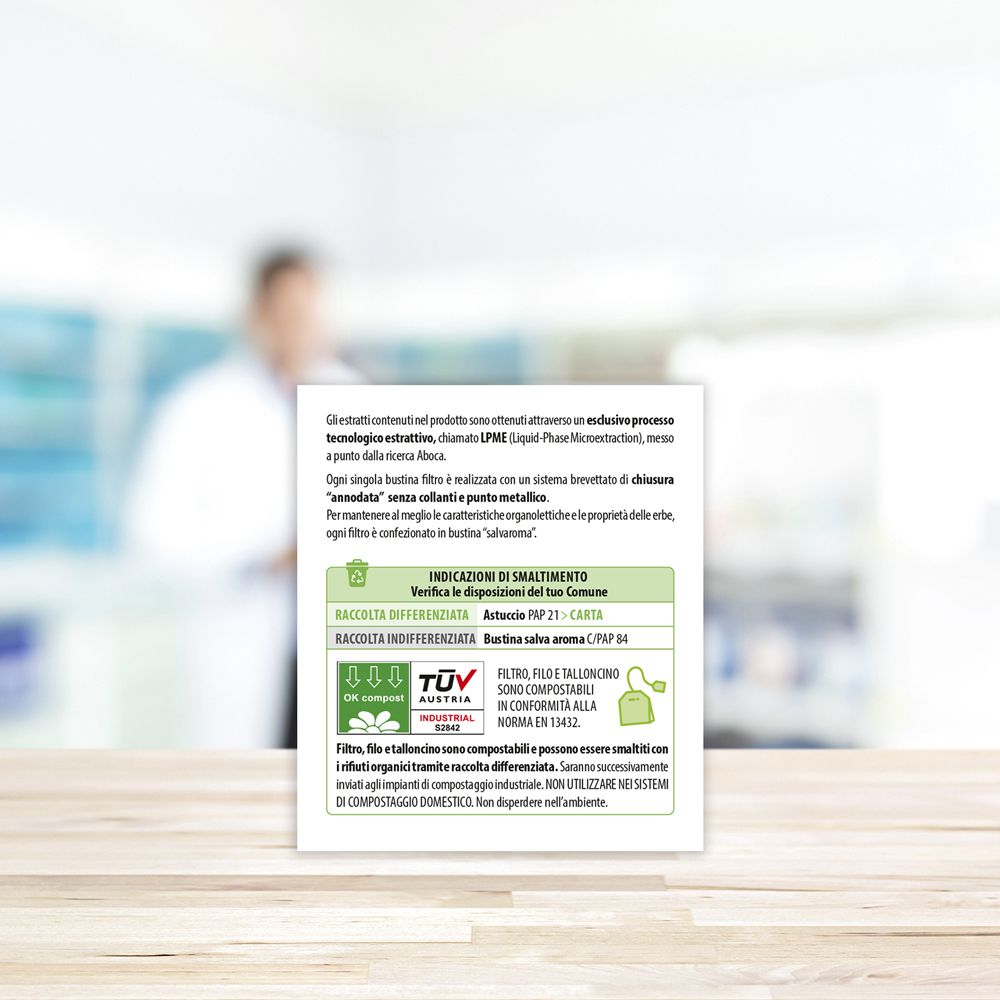 Retro della confezione Lynfase. Informazioni sullo smaltimento e certificazioni. Logo Aboca.