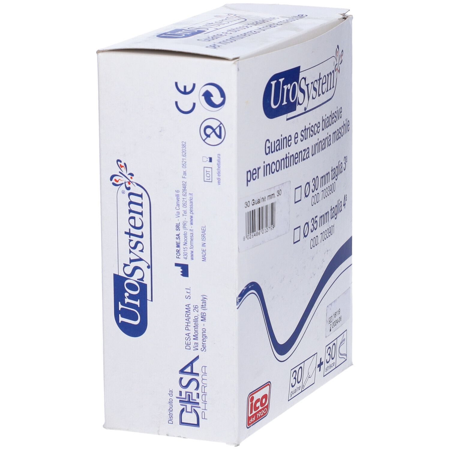 Confezione UroSystem. Contiene 30 Guaina e 30 Strice. Con marchio CE.