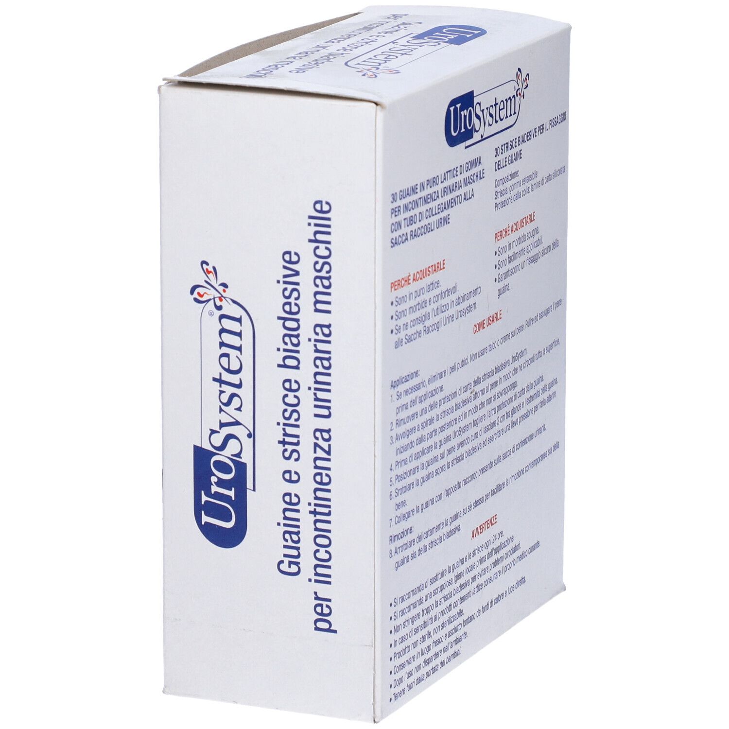 Confezione UroSystem con informazioni sul prodotto. Contiene 30 Guaina e 30 Strice.